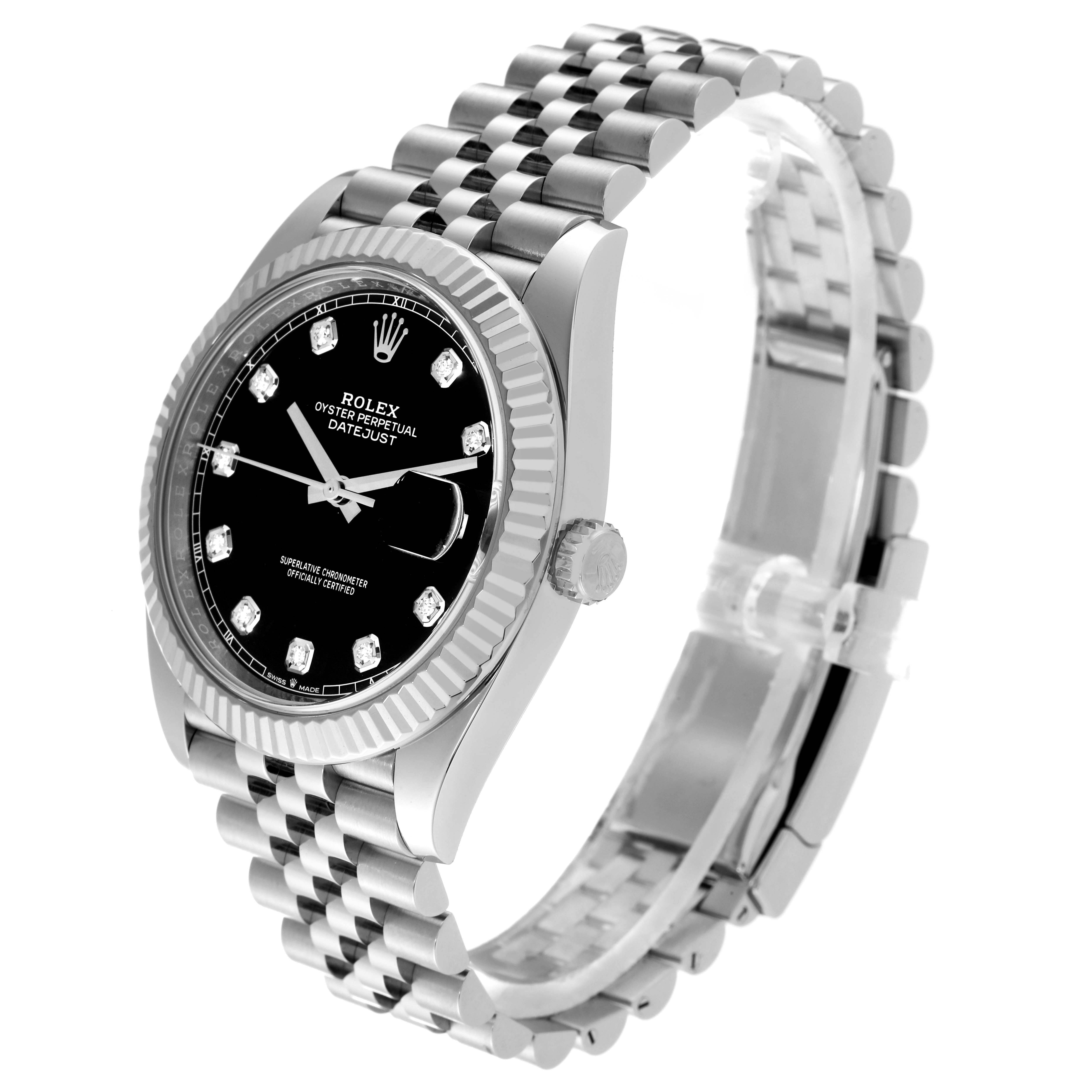 The Rolex Datejust 41 126334 Men's Stainless Steel Black Dial 126334 Men's Stainless Steel Black Dial watch is shown at a slight angle, highlighting the face, bezel, crown, and jubilee bracelet.