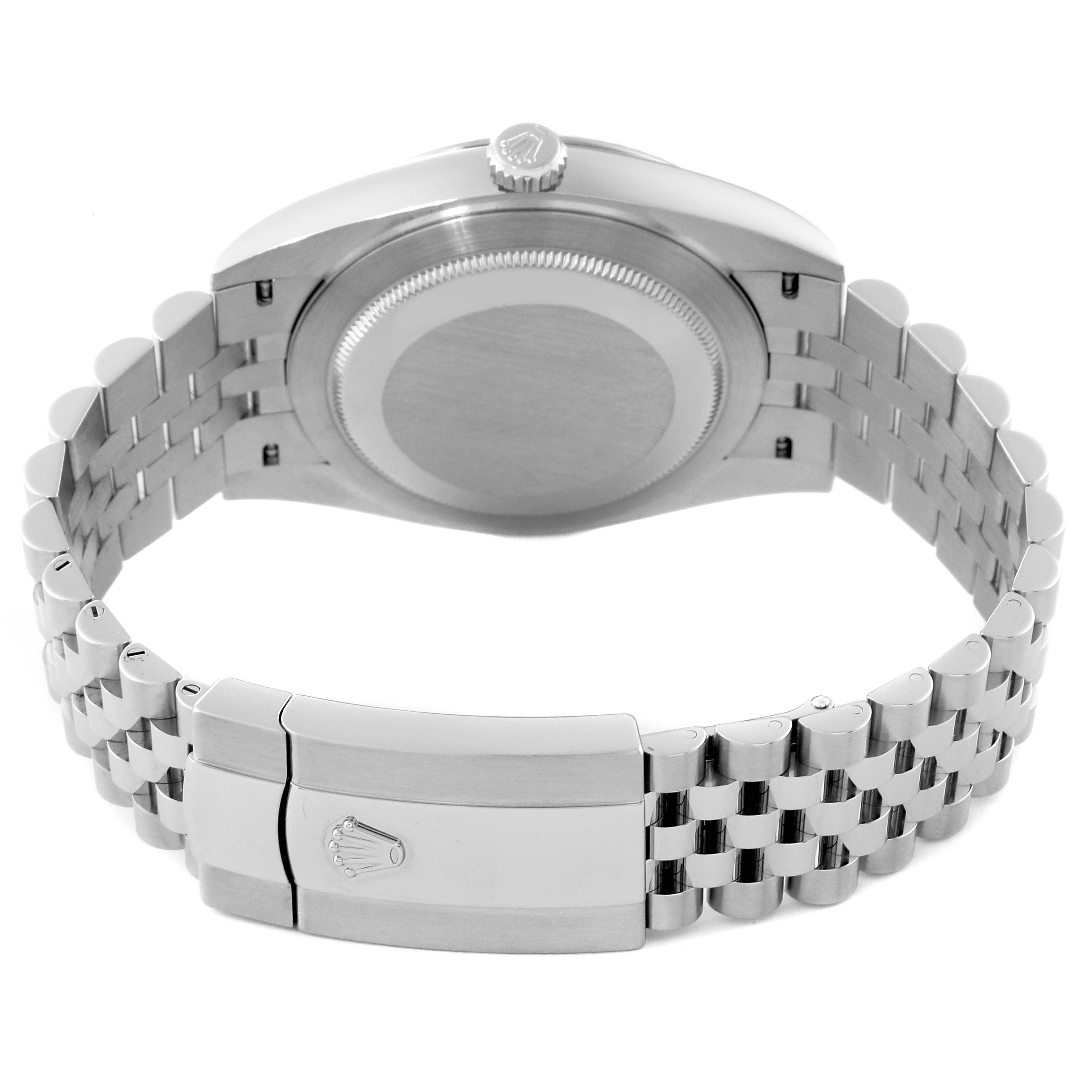 The image shows the back view of a Rolex Datejust 41 126334 Men's Stainless Steel Black Dial 126334 Men's Stainless Steel Black Dial model, highlighting its case back, crown, and bracelet with clasp.