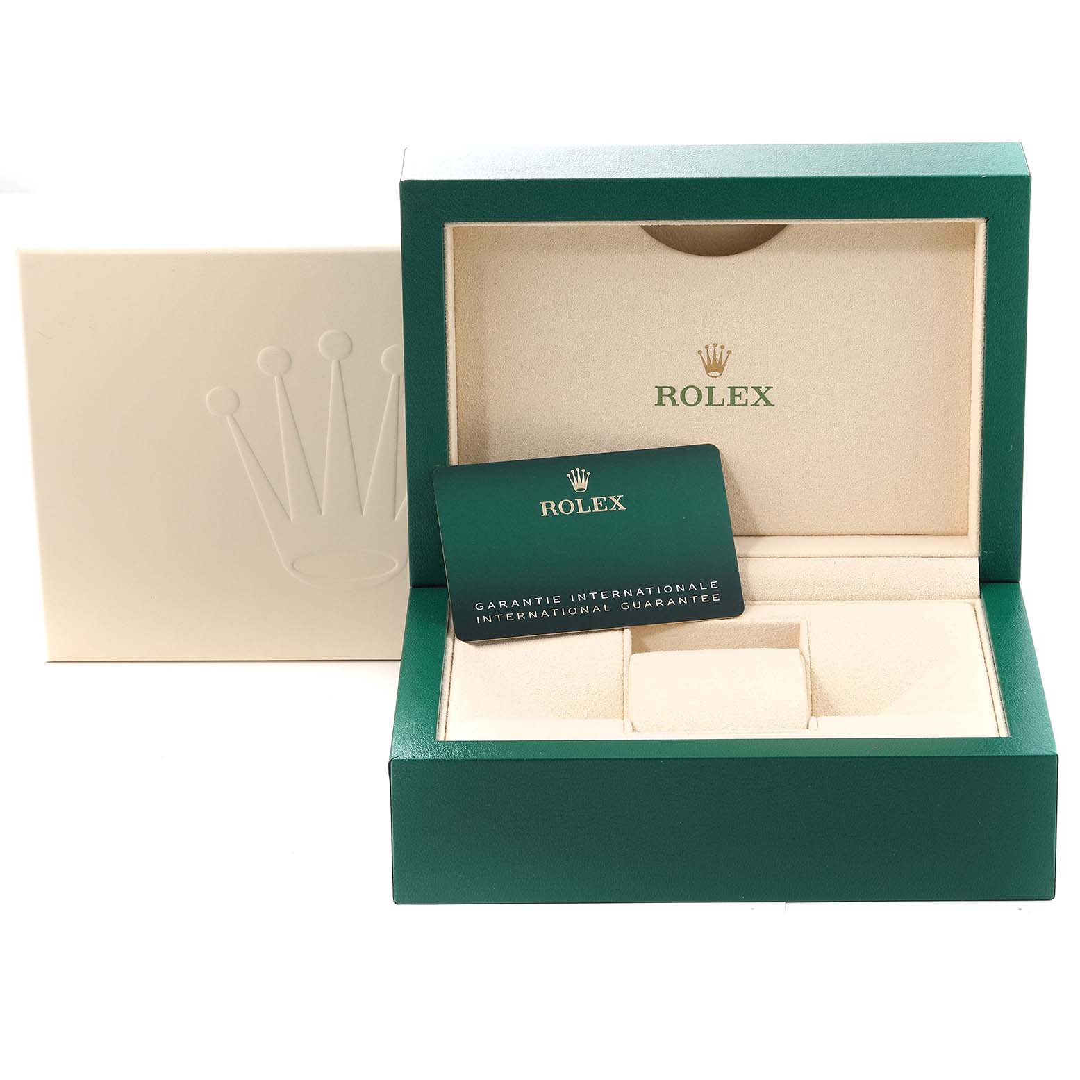 This image shows the packaging and warranty card for a Rolex Datejust 41 126334 Men
s Stainless Steel Green Dial 126334 Men
s Stainless Steel Green Dial watch.