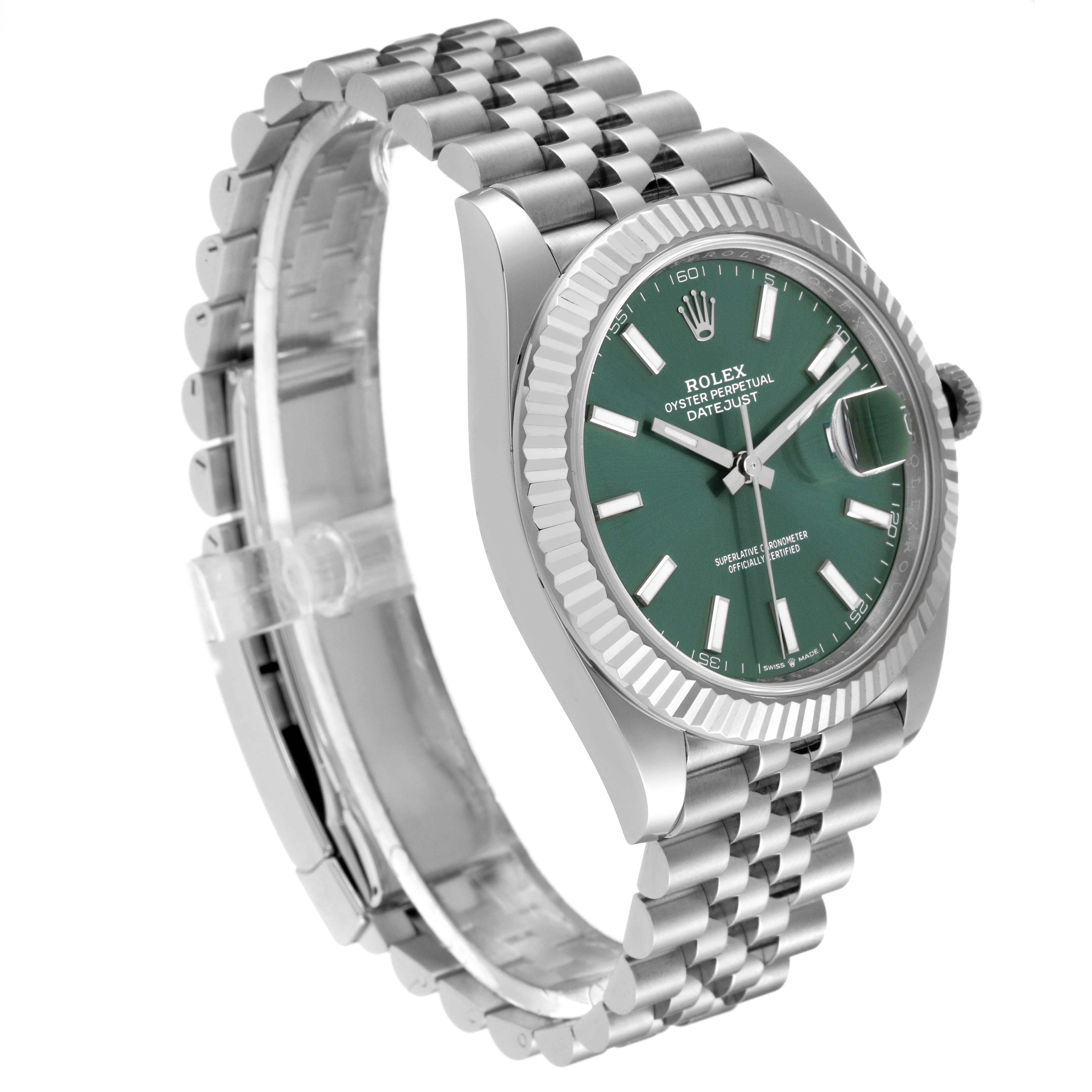 This image shows a top-side view of the Rolex Datejust 41 126334 Men
s Stainless Steel Green Dial 126334 Men
s Stainless Steel Green Dial watch, highlighting its green dial, fluted bezel, and Jubilee bracelet.