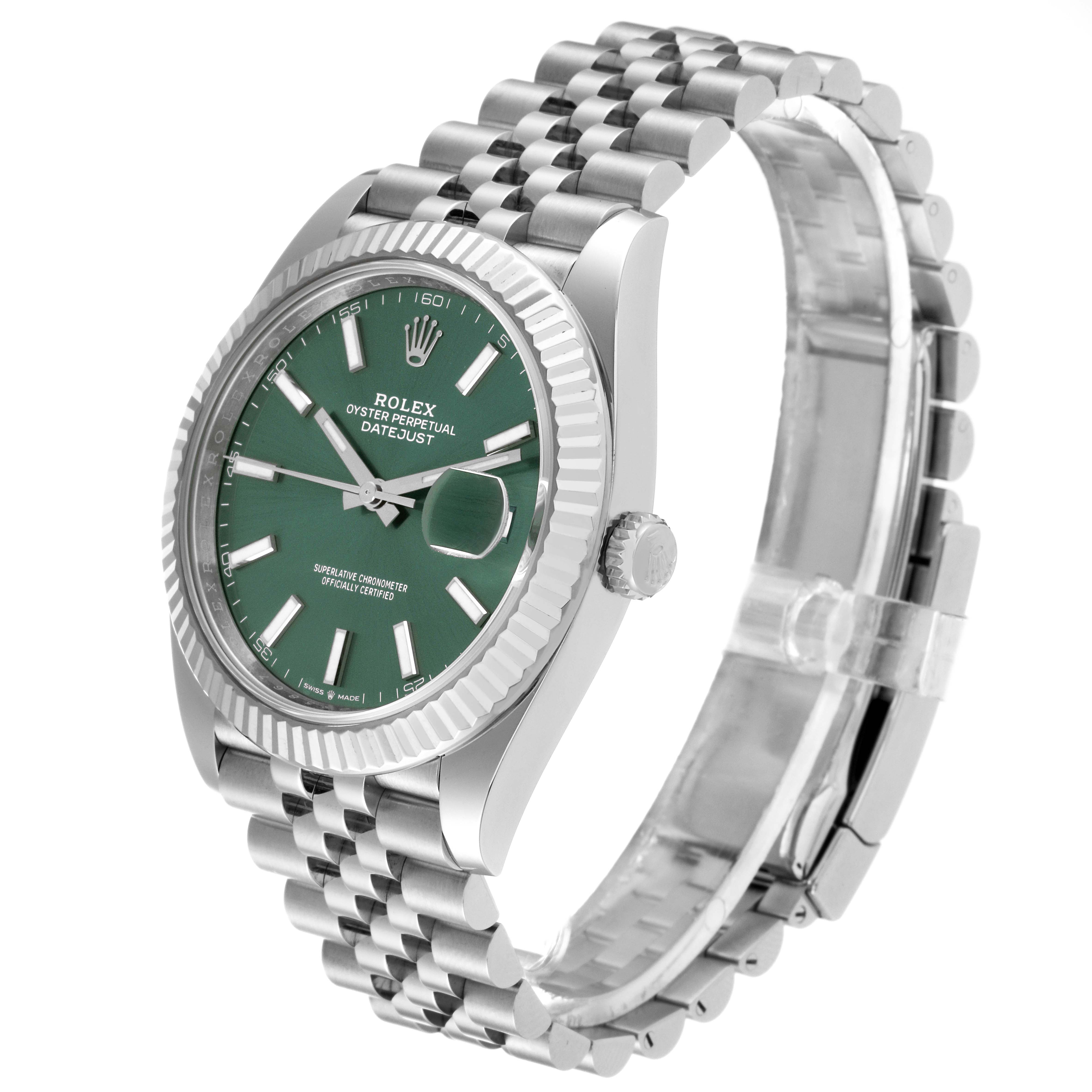 This Rolex Datejust 41 126334 Men
s Stainless Steel Green Dial 126334 Men
s Stainless Steel Green Dial watch is pictured at a three-quarter angle, showcasing its green dial, fluted bezel, and jubilee bracelet.