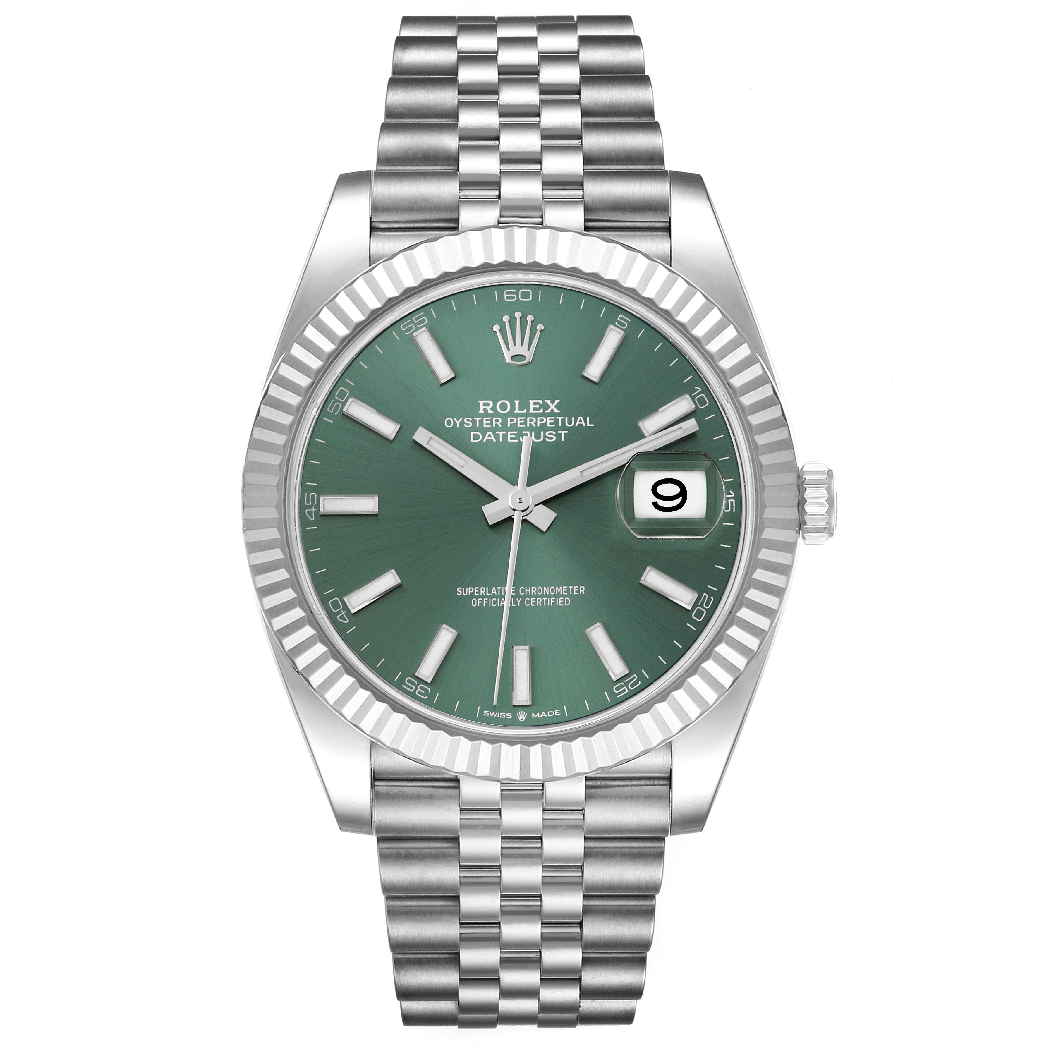 The image shows a front view of the Rolex Datejust 41 126334 Men
s Stainless Steel Green Dial 126334 Men
s Stainless Steel Green Dial watch, displaying its green dial, fluted bezel, and Jubilee bracelet.