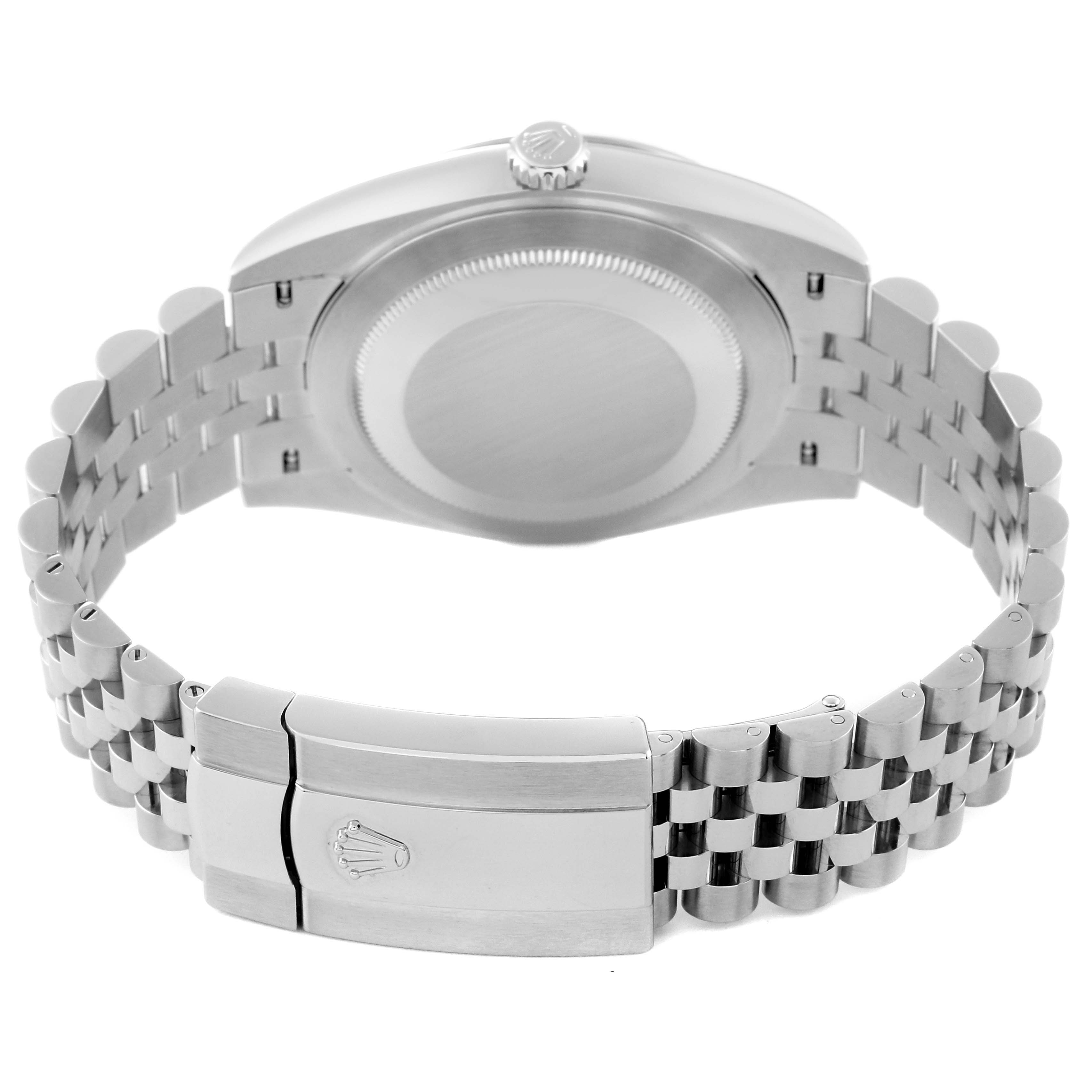 The image shows the back case and Jubilee bracelet of a Rolex Datejust 41 126334 Men
s Stainless Steel Green Dial 126334 Men
s Stainless Steel Green Dial watch.