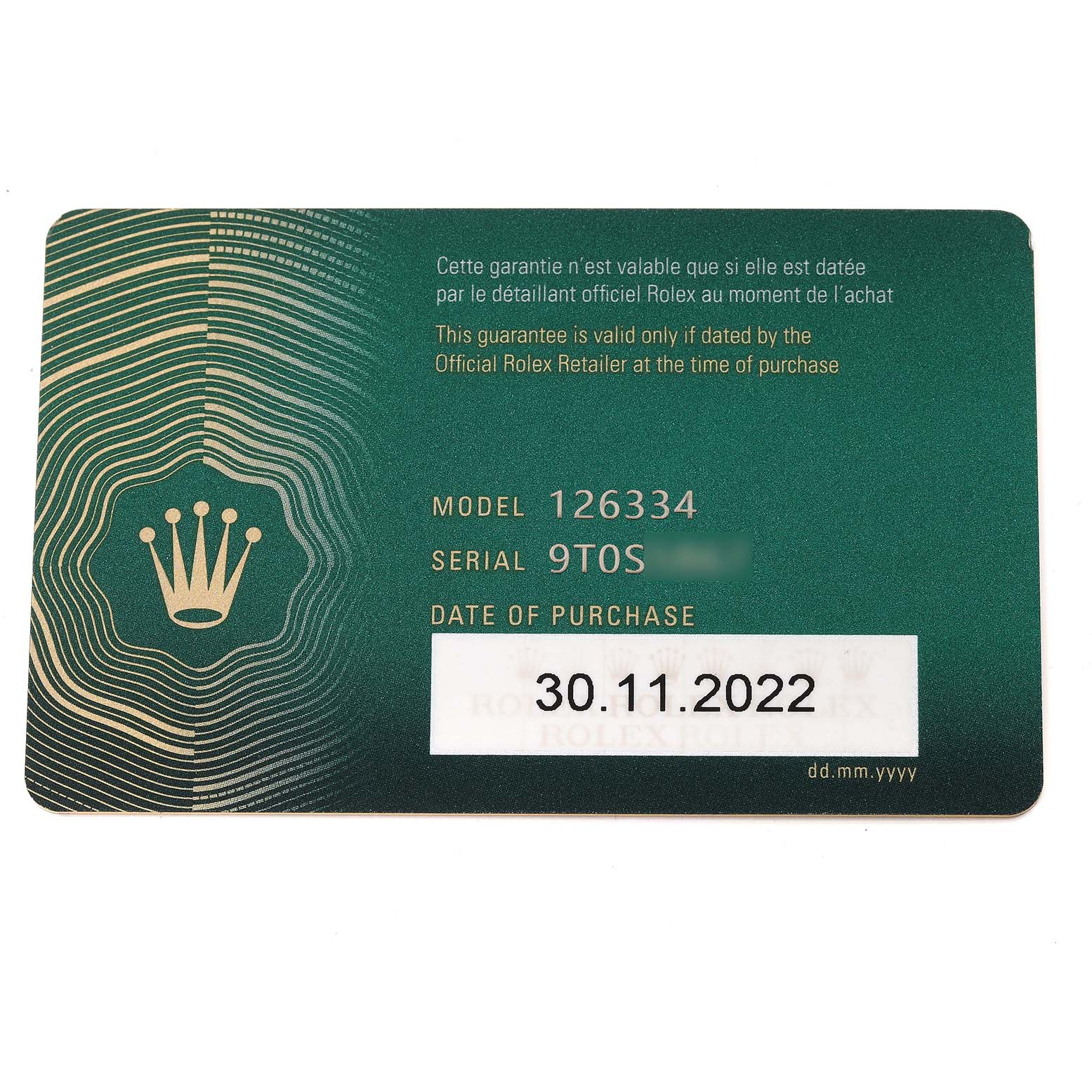 This image shows the warranty card for a Rolex Datejust 41 126334 Men
s Stainless Steel Green Dial 126334 Men
s Stainless Steel Green Dial model 126334, including its serial number and purchase date.