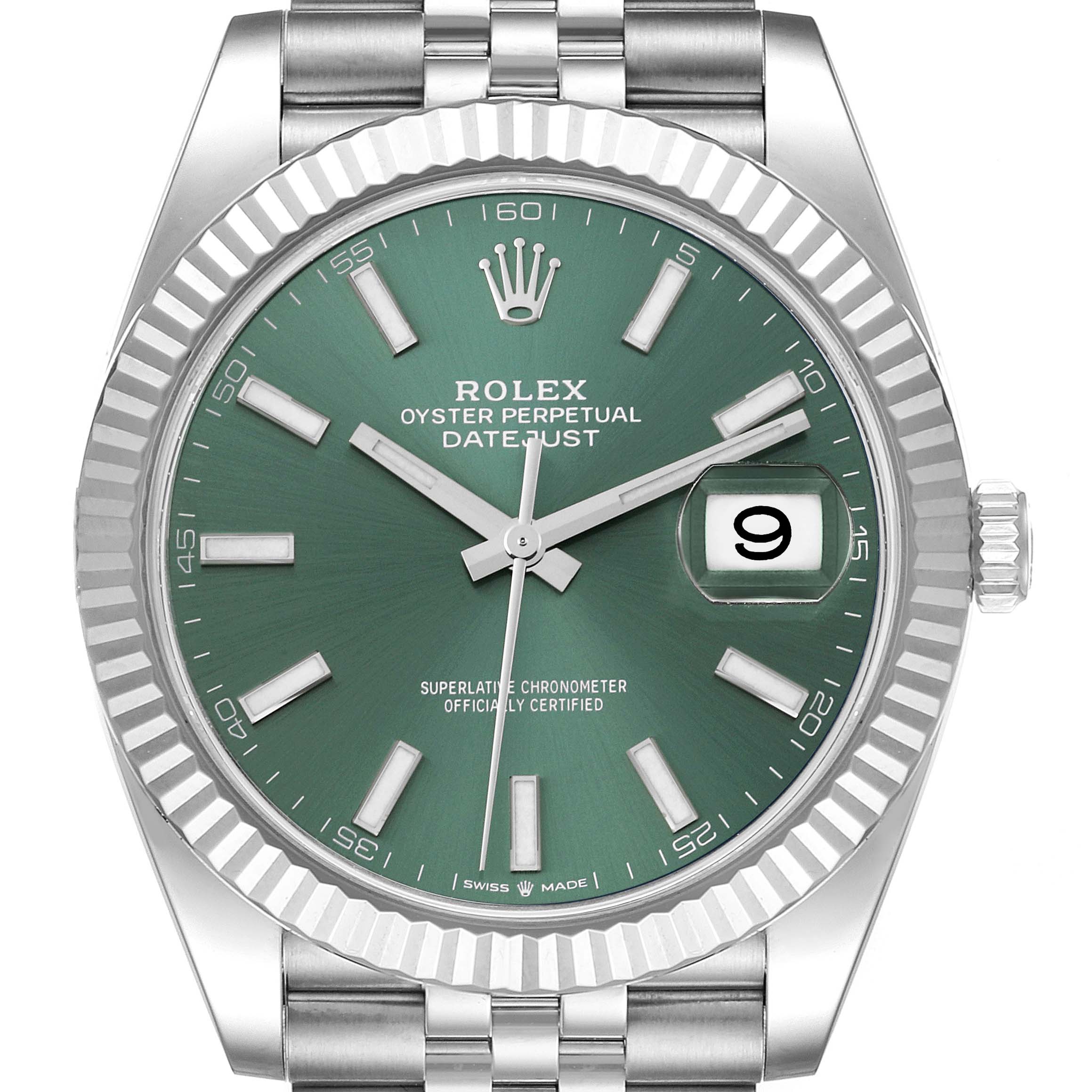 This image shows a front view of the Rolex Datejust 41 126334 Men
s Stainless Steel Green Dial 126334 Men
s Stainless Steel Green Dial, highlighting its green dial, fluted bezel, indices, and date window.
