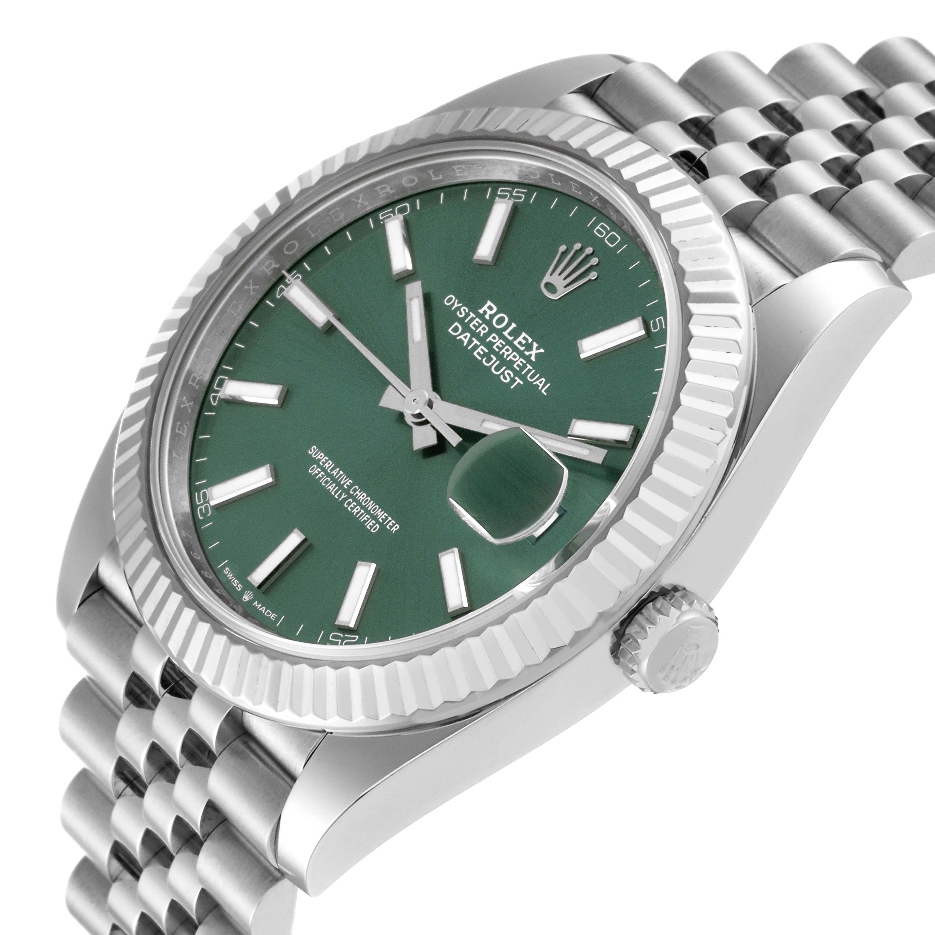 This image shows a Rolex Datejust 41 126334 Men
s Stainless Steel Green Dial 126334 Men
s Stainless Steel Green Dial watch at a slight angle, highlighting its green dial, fluted bezel, and Jubilee bracelet.
