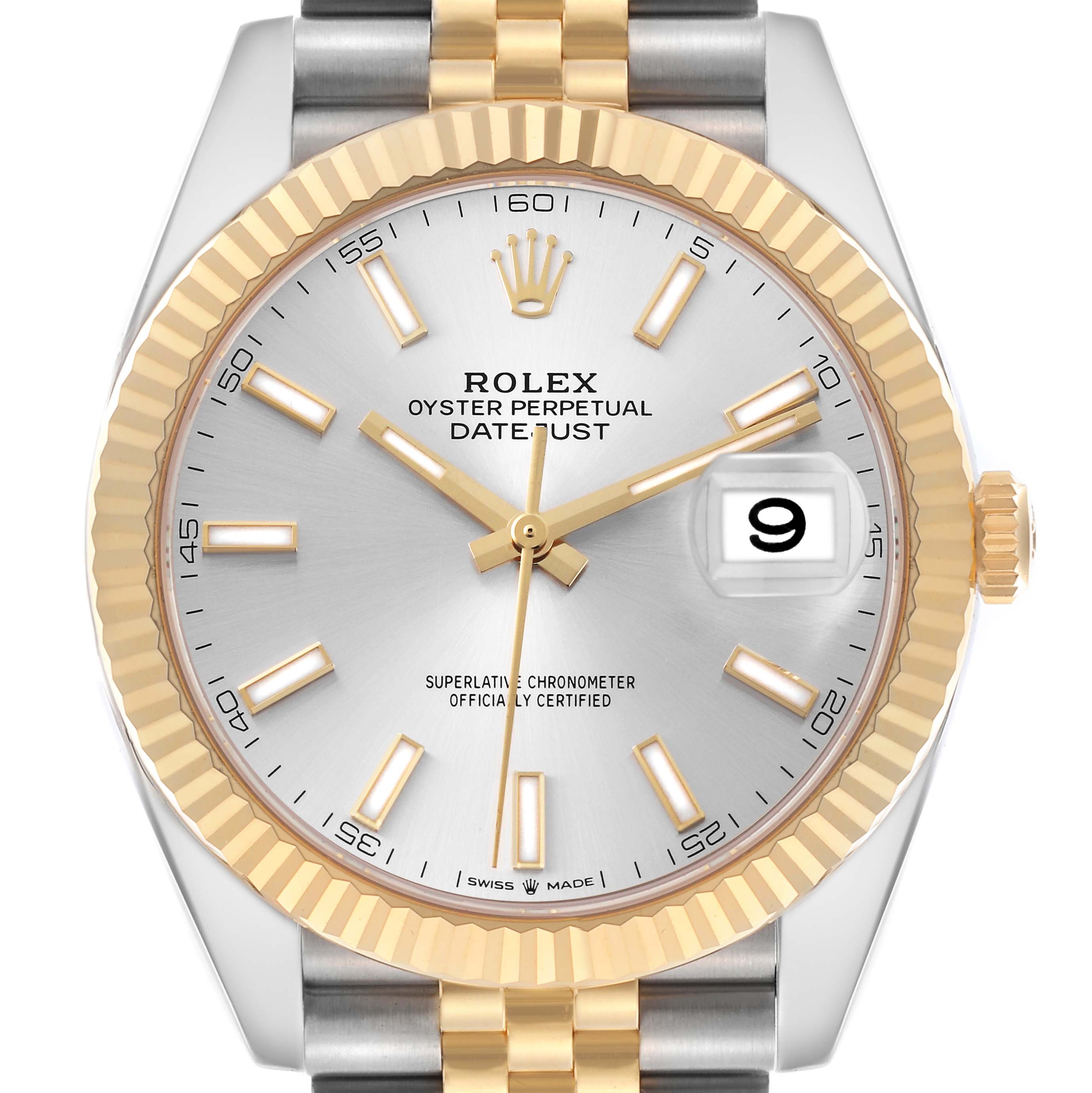 The image shows a front view of the Rolex Datejust 41 model number 126333, highlighting the dial, bezel, and part of the bracelet.