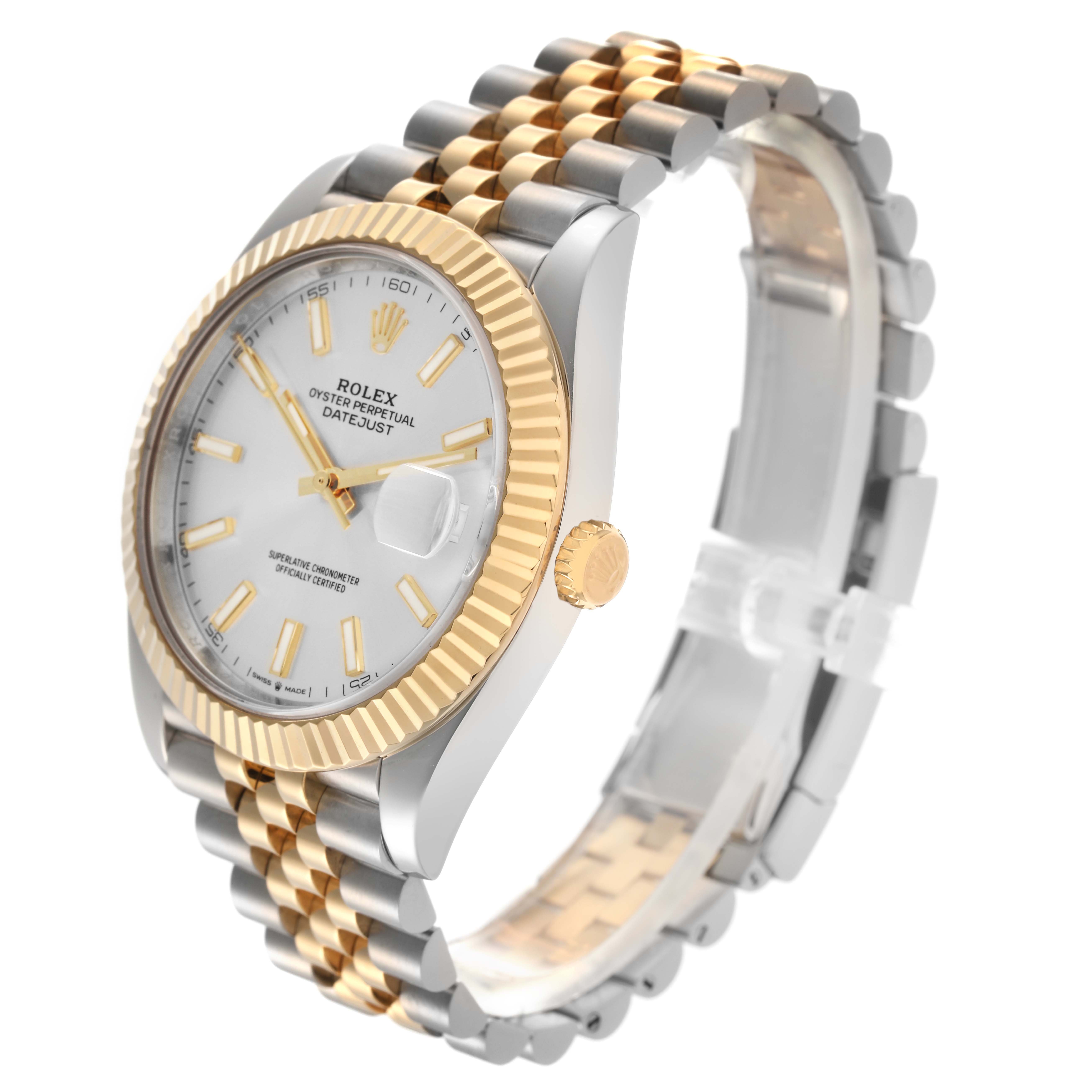The Rolex Datejust 41 model number 126333 is shown angled from the front-left, displaying the gold fluted bezel, jubilee bracelet, white dial, and date feature.