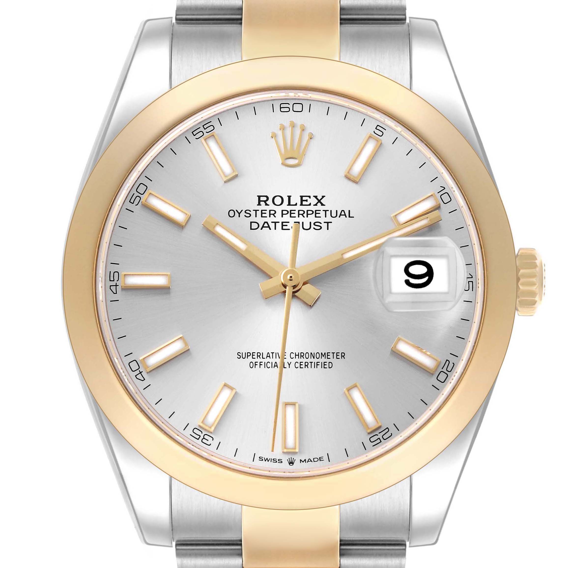 The Rolex Datejust 41 model 126303 watch is shown from the front, highlighting its dial, indices, hands, date window, and two-tone bezel.