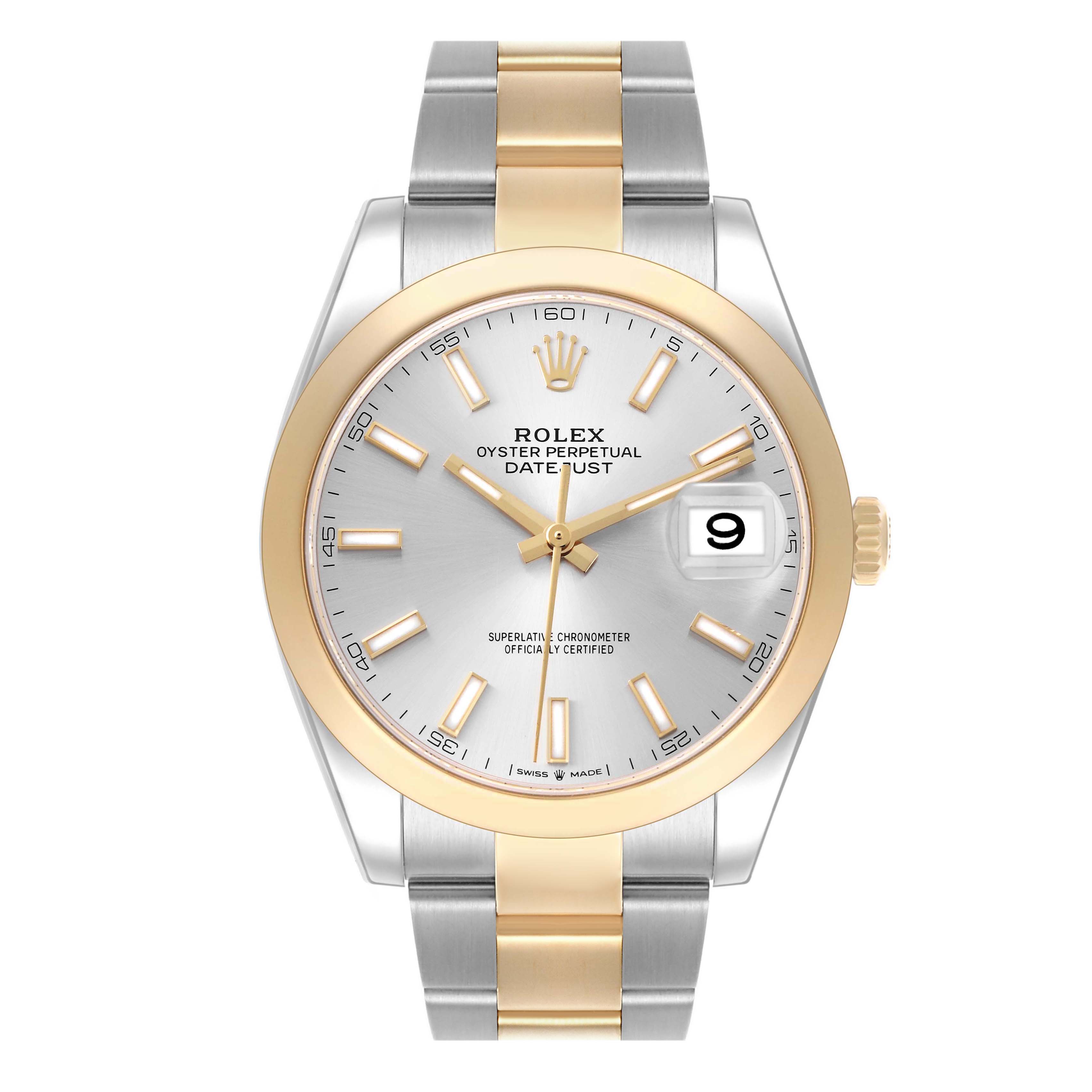 The image shows a front view of the Rolex Datejust 41 model, model number 126303, showcasing its silver and gold bracelet, dial, bezel, and date window.