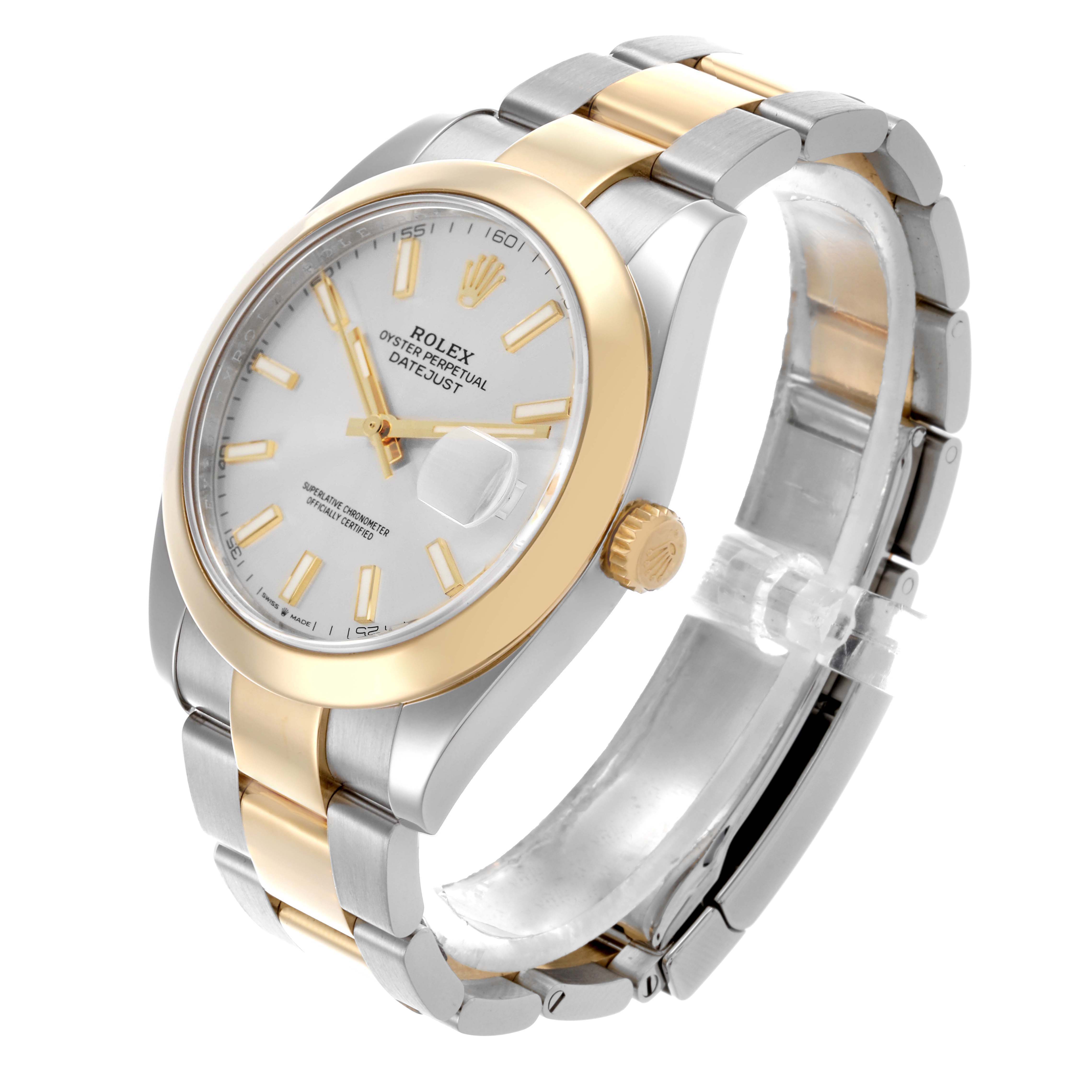 The Rolex Datejust 41 model 126303 is shown at a three-quarter angle, highlighting its bezel, dial, bracelet, and crown.