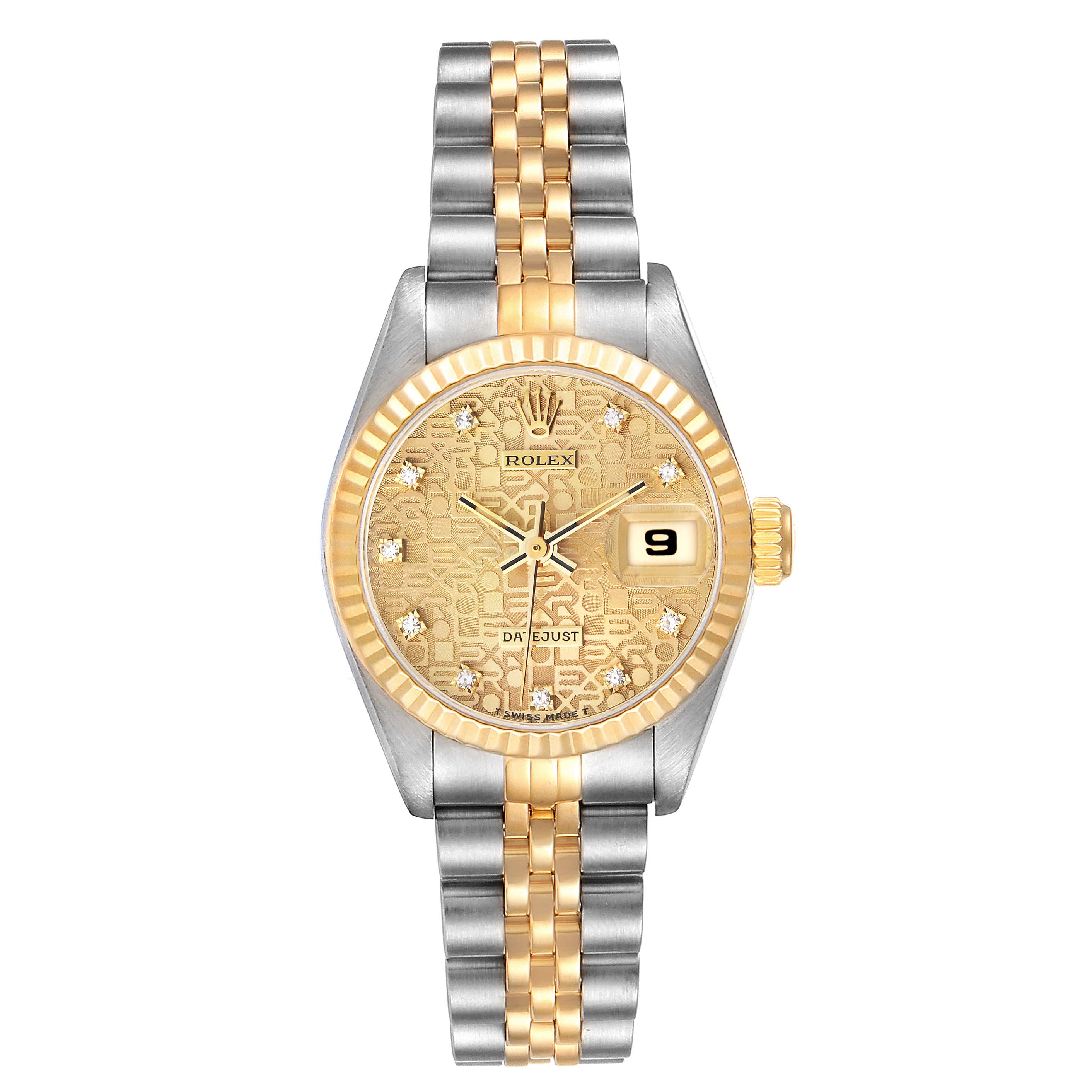 The image shows a frontal view of a Rolex Datejust 69173 Women's Steel and Gold (two tone) Champagne Dial 69173 Women's Steel and Gold (two tone) Champagne Dial watch, highlighting its gold dial, two-tone bracelet, and date display.