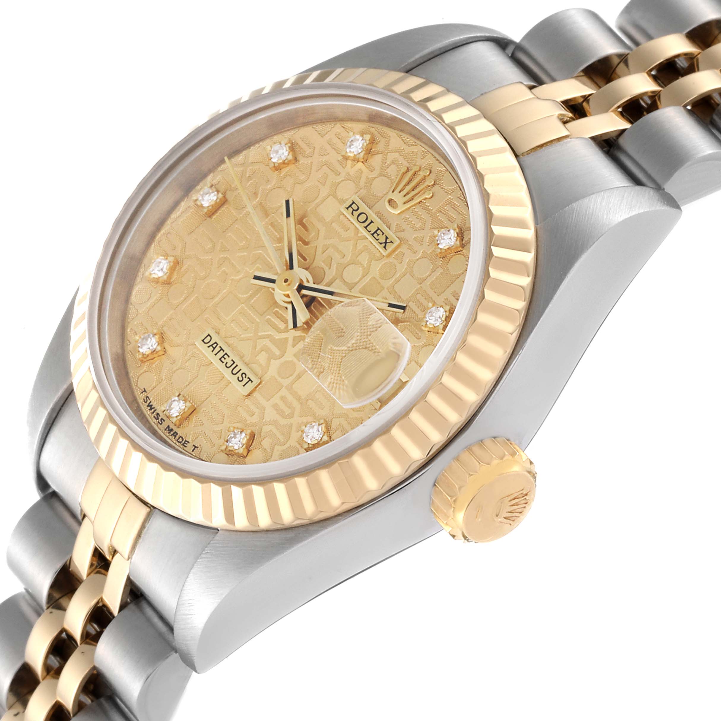 The Rolex Datejust 69173 Women's Steel and Gold (two tone) Champagne Dial 69173 Women's Steel and Gold (two tone) Champagne Dial watch is shown from an angled side view, highlighting the dial, bezel, crown, and part of the bracelet.