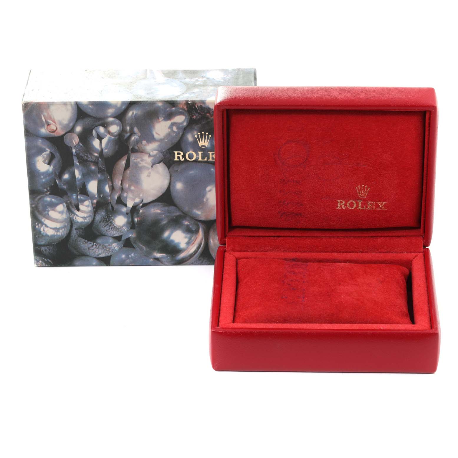 The image shows an open red Rolex Datejust 69173 Women's Steel and Gold (two tone) Champagne Dial 69173 Women's Steel and Gold (two tone) Champagne Dial watch box with Rolex branding, alongside an outer decorative cardboard box.