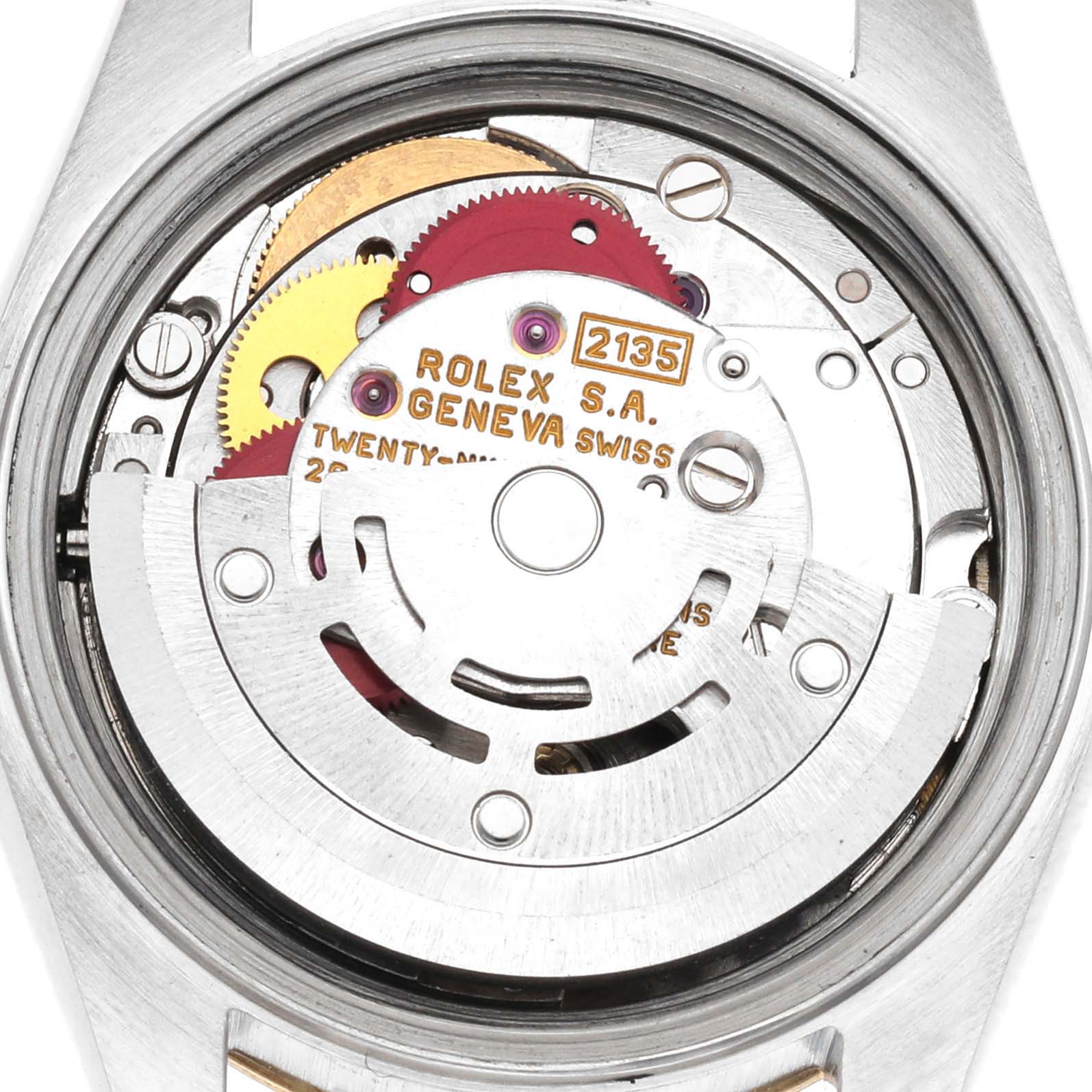 The image shows the internal mechanism of a Rolex Datejust 69173 Women's Steel and Gold (two tone) Champagne Dial 69173 Women's Steel and Gold (two tone) Champagne Dial watch, viewed from the back.