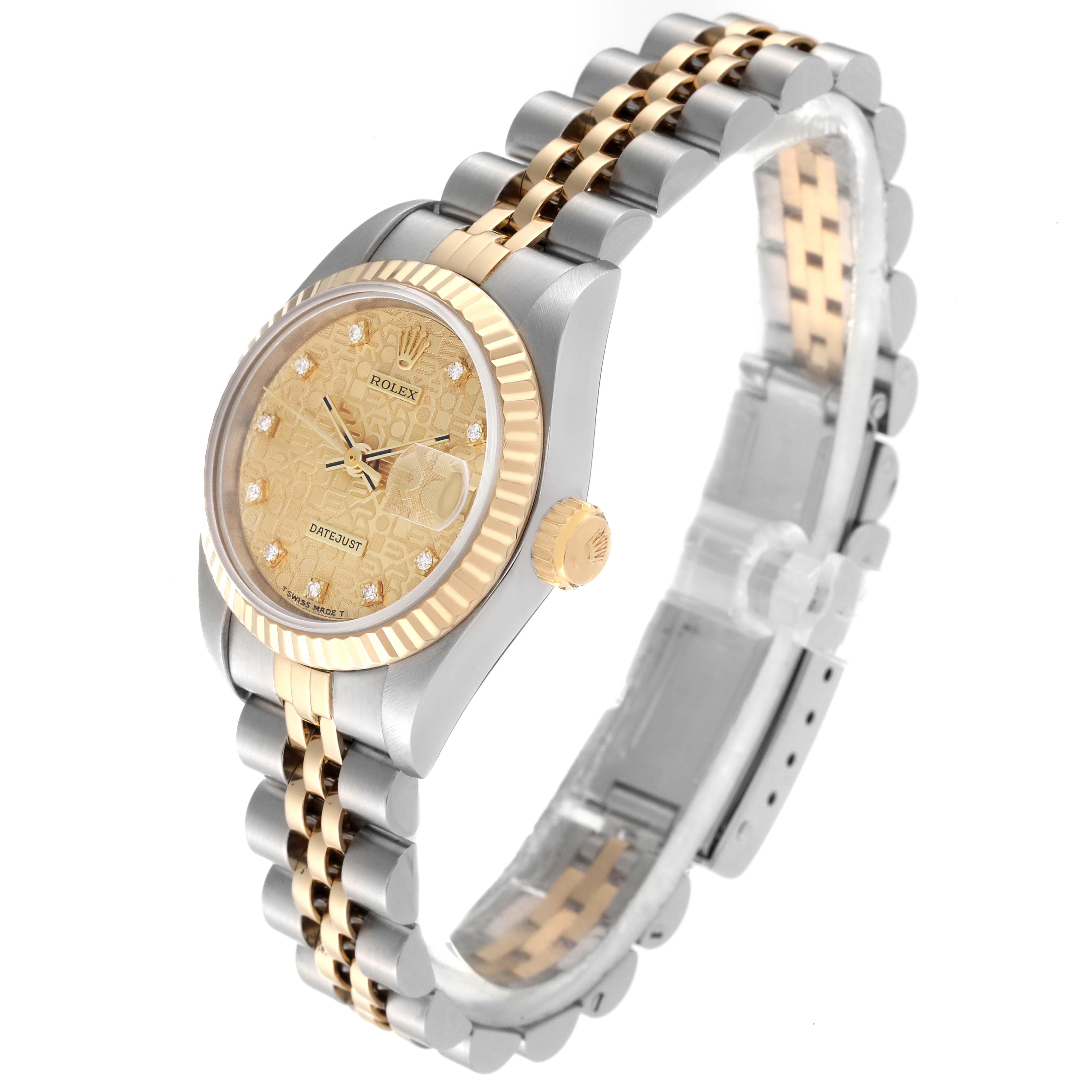 The image shows a gold and silver Rolex Datejust 69173 Women's Steel and Gold (two tone) Champagne Dial 69173 Women's Steel and Gold (two tone) Champagne Dial watch at a three-quarter angle, highlighting the dial, bezel, and bracelet.