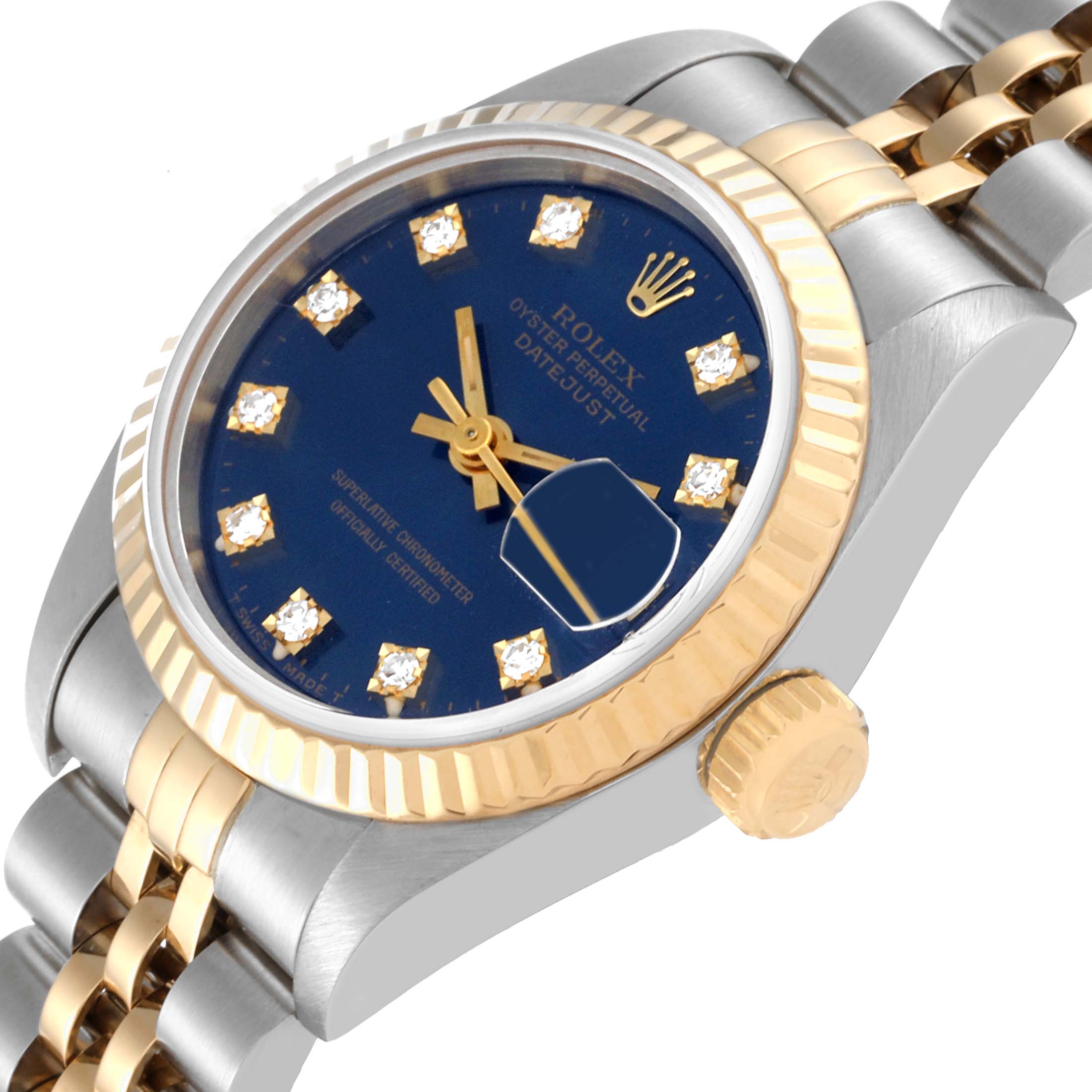 The image shows a Rolex Datejust 69173 Women's Steel and Gold (two tone) Blue Dial 69173 Women's Steel and Gold (two tone) Blue Dial watch from an oblique angle, highlighting the crown, bezel, and part of the bracelet.