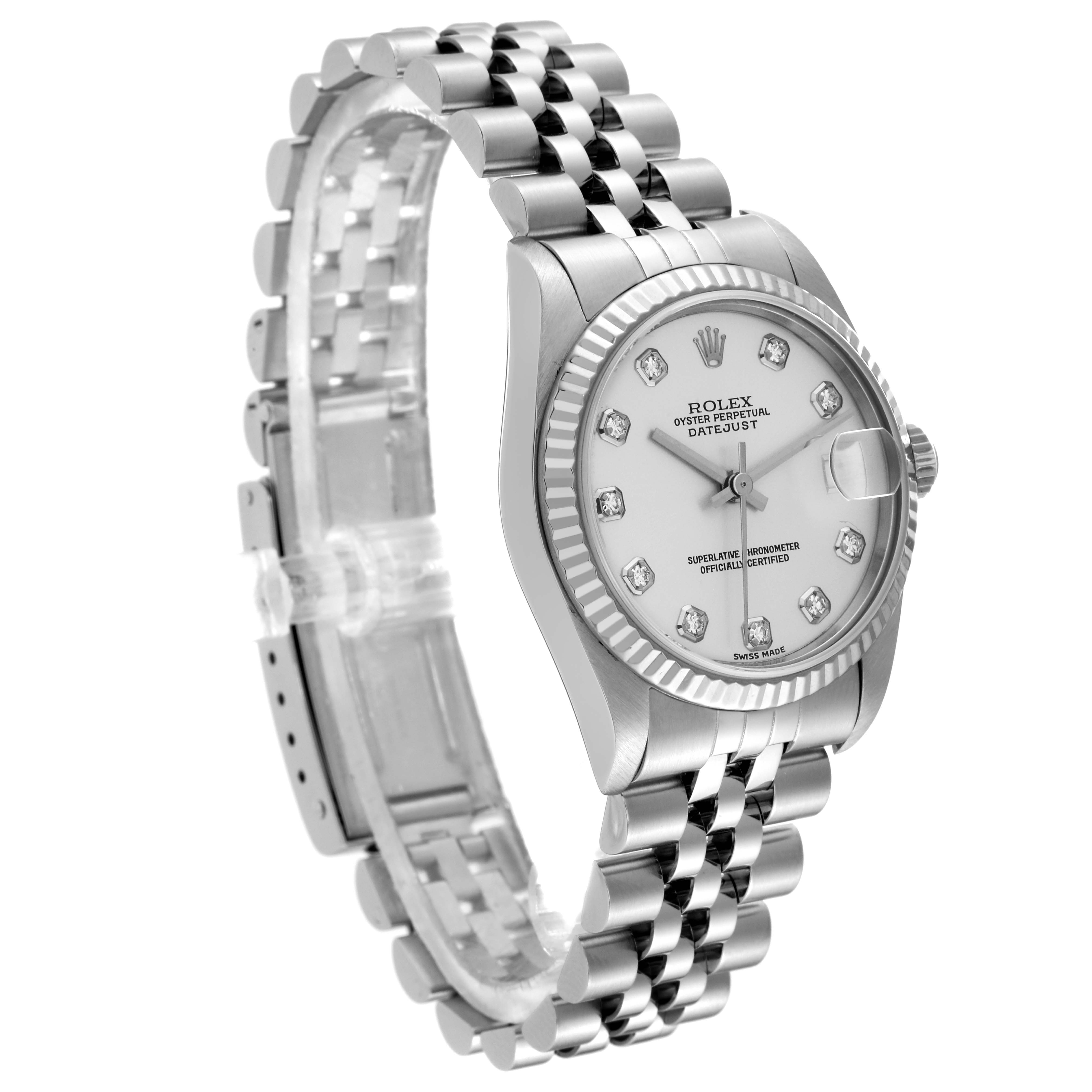 The image shows a Rolex Mid-Size 78274 Women's Stainless Steel Silver Dial 78274 Women's Stainless Steel Silver Dial Datejust at a three-quarter angle featuring its bracelet, case, and face with diamond hour markers.