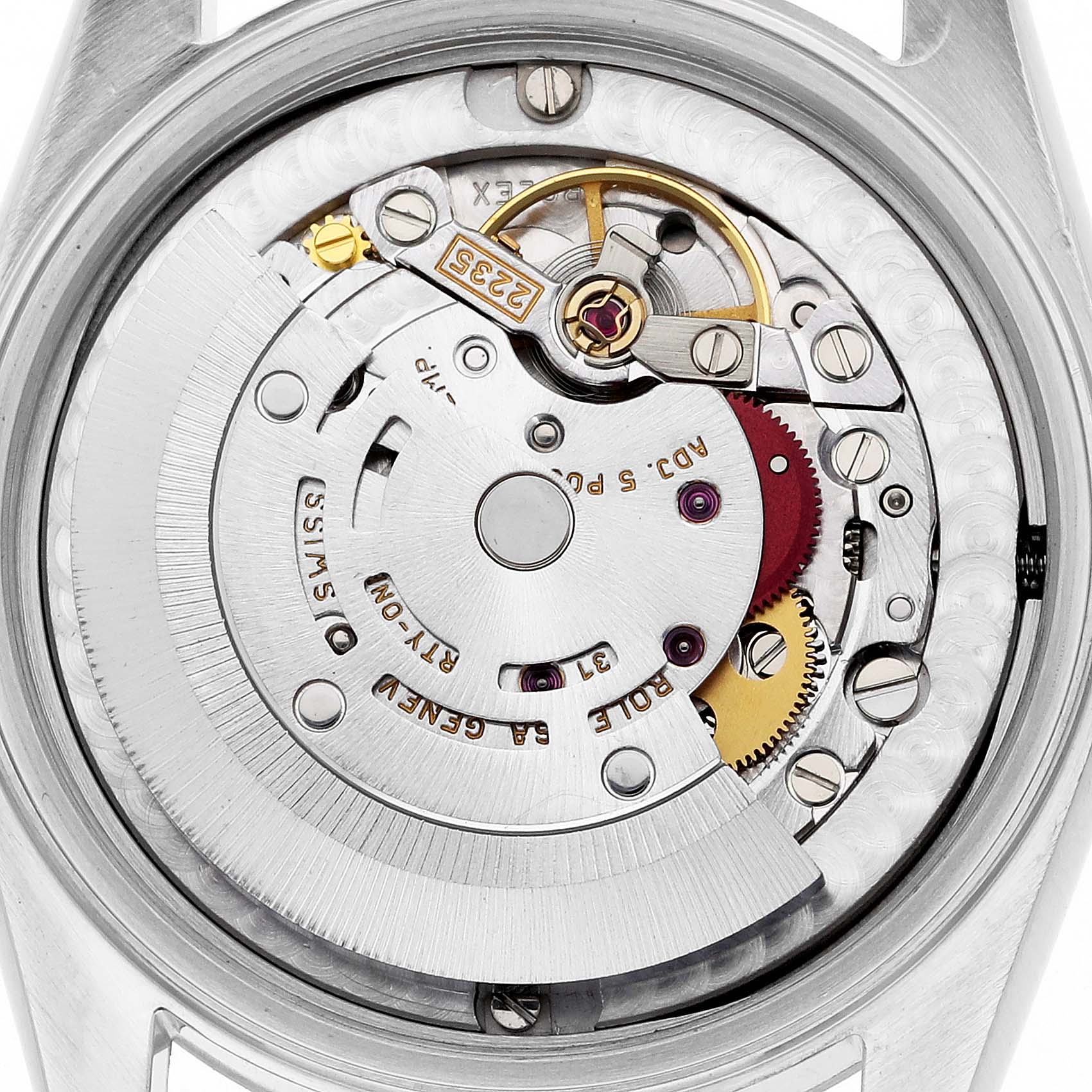 The image shows the inner mechanism of a Mid-Size Rolex watch viewed from the back, detailing its intricate parts.