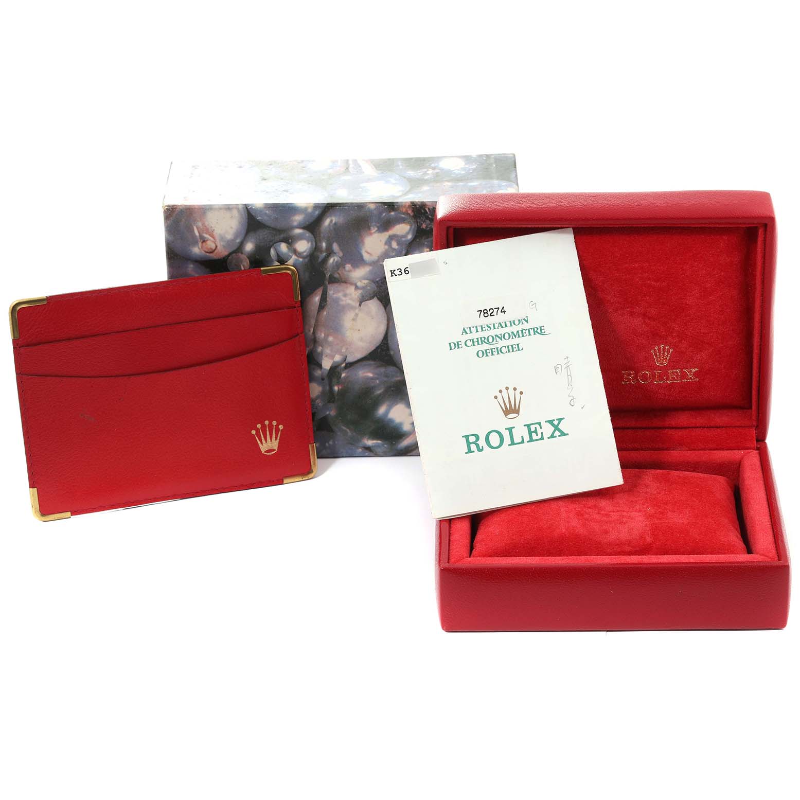 The image shows a Rolex Mid-Size 78274 Women's Stainless Steel Silver Dial 78274 Women's Stainless Steel Silver Dial model watch box, cardholder, manual, and outer box, presented from a front angle.
