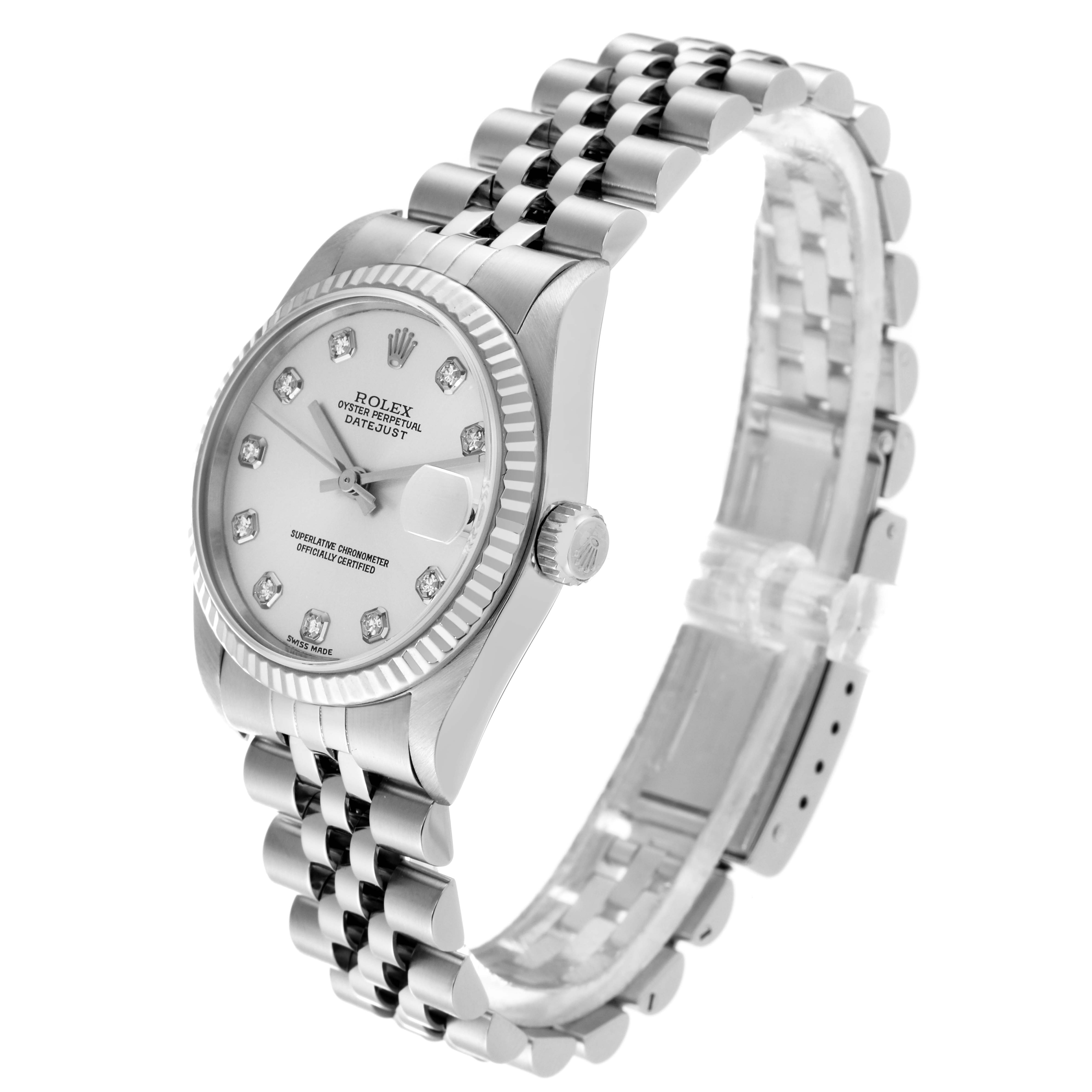 The Rolex Mid-Size 78274 Women's Stainless Steel Silver Dial 78274 Women's Stainless Steel Silver Dial watch is depicted at a 3/4 angle, showcasing the face, bezel, crown, and bracelet.
