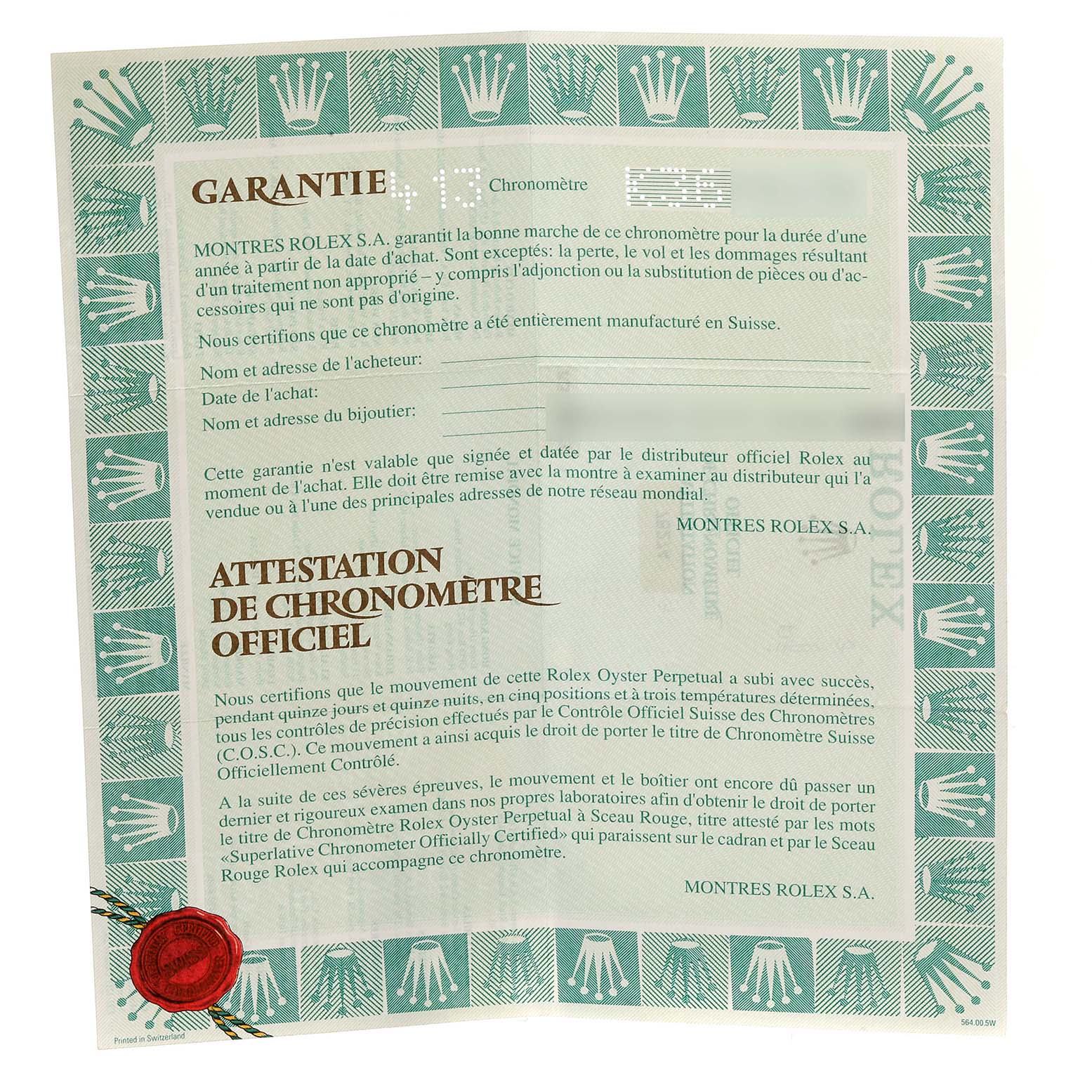 This image shows a warranty certificate and official chronometer certification for a Mid-Size Rolex watch.