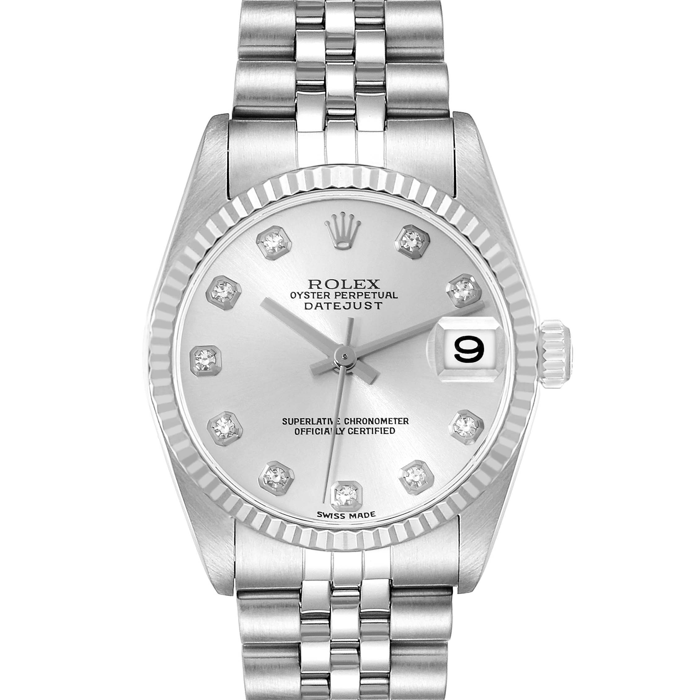 The image shows a frontal view of the Rolex Mid-Size 78274 Women's Stainless Steel Silver Dial 78274 Women's Stainless Steel Silver Dial model Datejust watch, highlighting the dial, bezel, and bracelet.