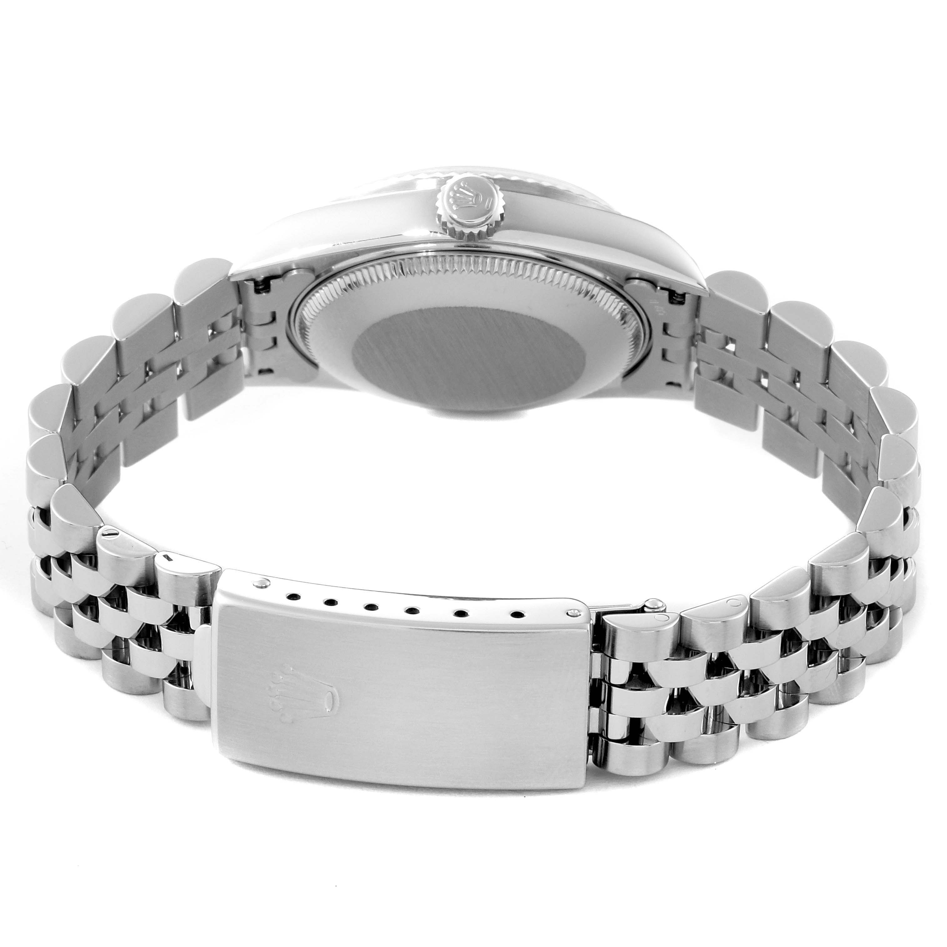 This image shows the back view of a Rolex Mid-Size 78274 Women's Stainless Steel Silver Dial 78274 Women's Stainless Steel Silver Dial model watch, highlighting the bracelet and case back.