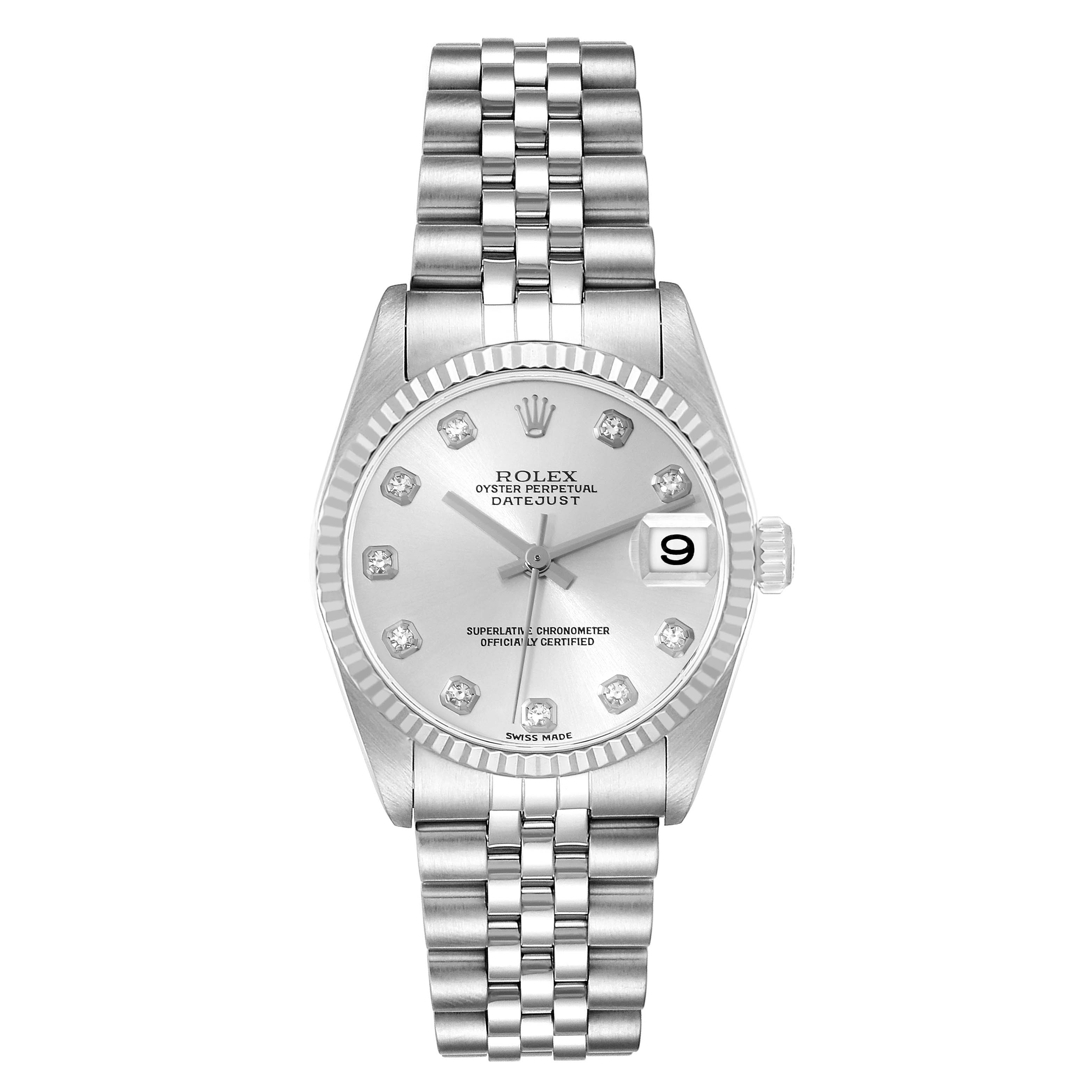This Rolex Mid-Size 78274 Women's Stainless Steel Silver Dial 78274 Women's Stainless Steel Silver Dial Datejust watch is shown from a front angle, displaying the dial, bracelet, and crown.