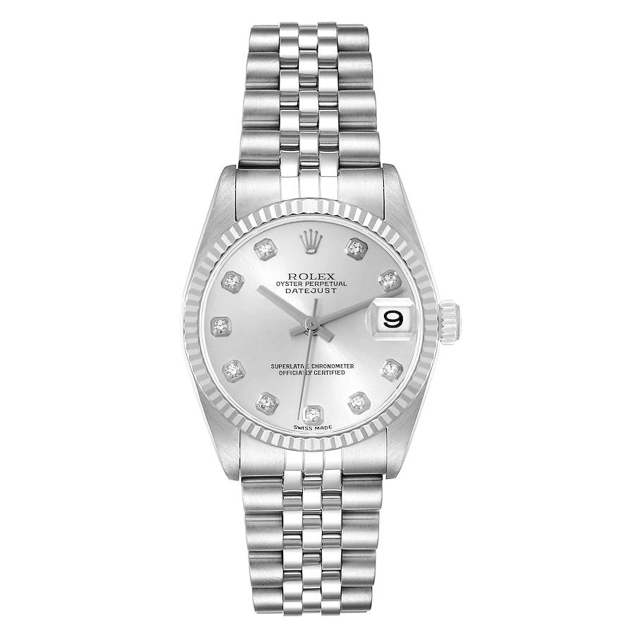 This Rolex Mid-Size Datejust watch is shown from a front angle, displaying the dial, bracelet, and crown.