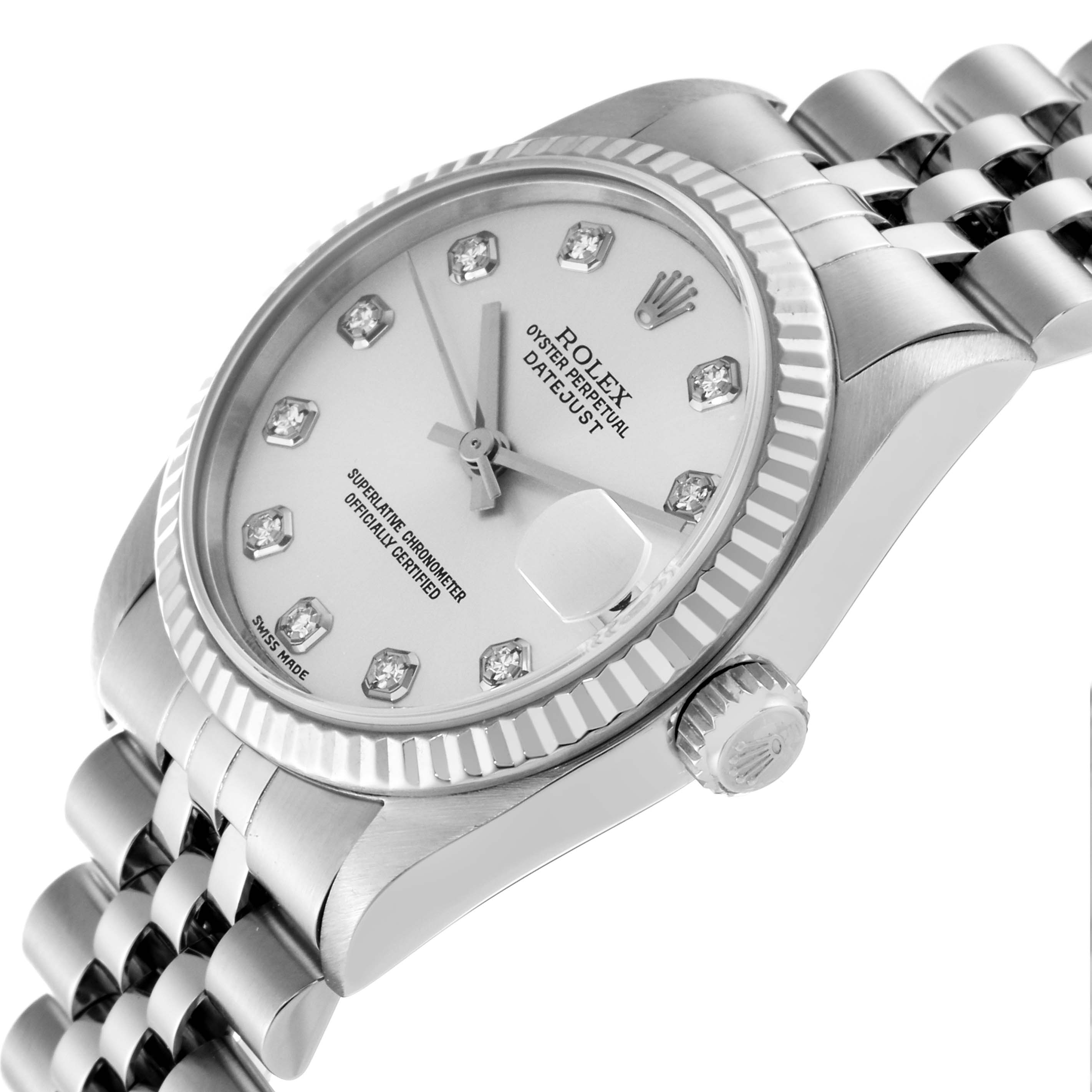 The Rolex Mid-Size 78274 Women's Stainless Steel Silver Dial 78274 Women's Stainless Steel Silver Dial watch is shown at an angled side view, highlighting the face, bezel, crown, and part of the bracelet.
