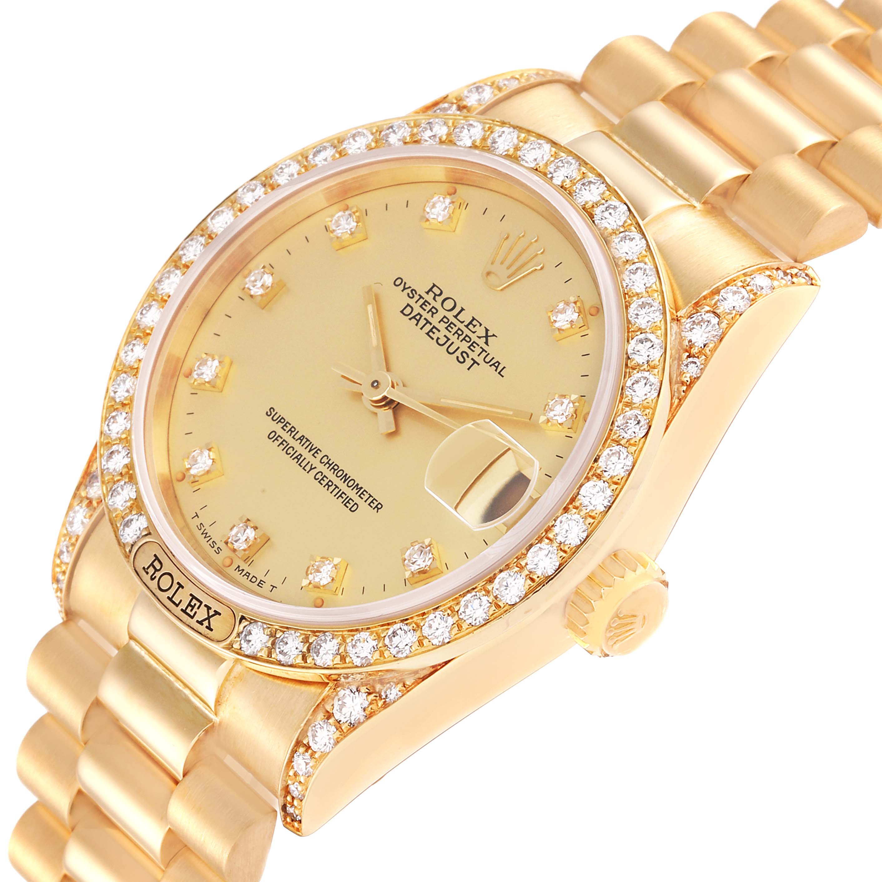 This Rolex President 68158 Women's Yellow Gold Champagne Dial 68158 Women's Yellow Gold Champagne Dial model watch is shown at a slight side angle, displaying its face, diamond bezel, band, and crown.