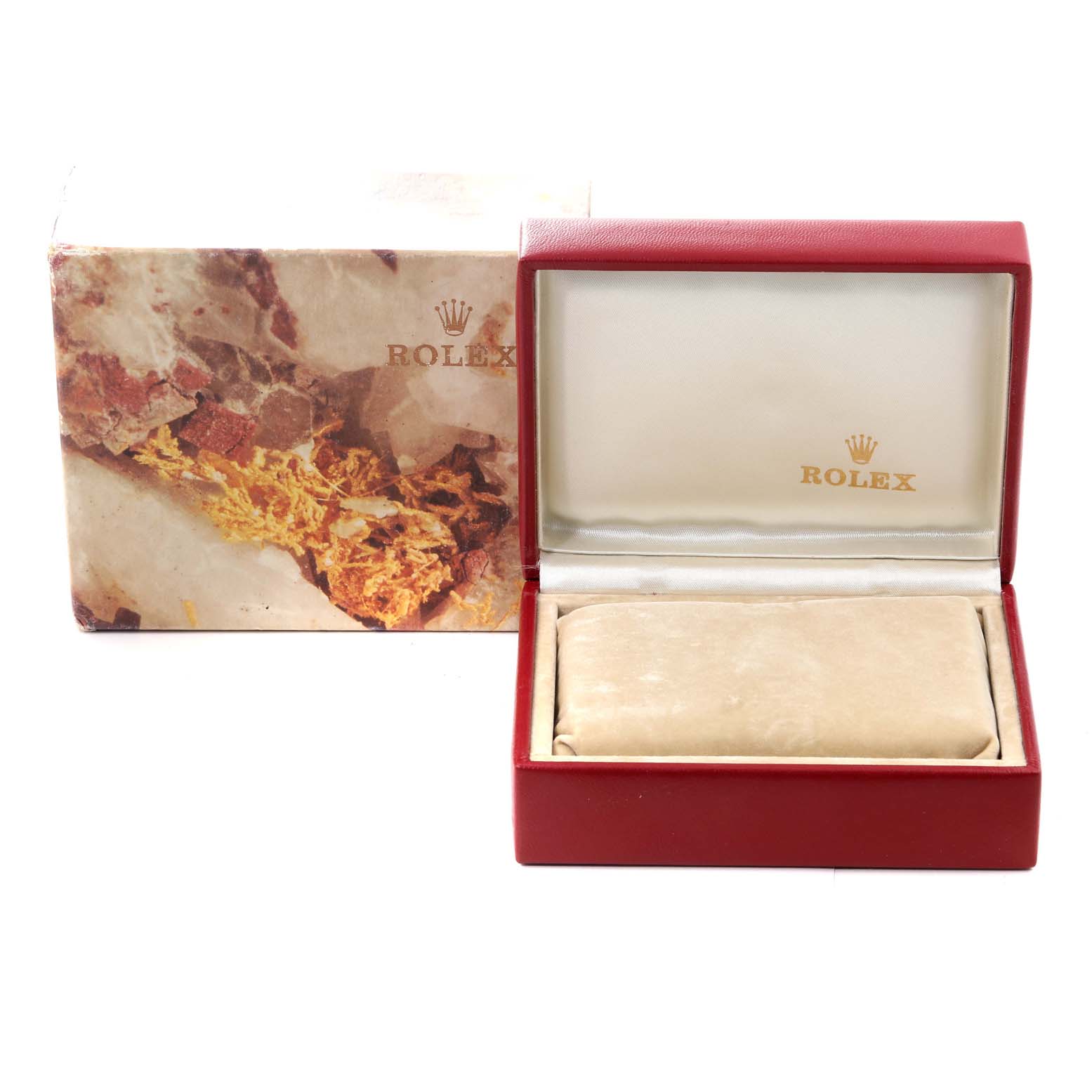 The image shows the box and packaging of the Rolex President 68158 Women's Yellow Gold Champagne Dial 68158 Women's Yellow Gold Champagne Dial model watch, including a decorative outer box and an open inner box.