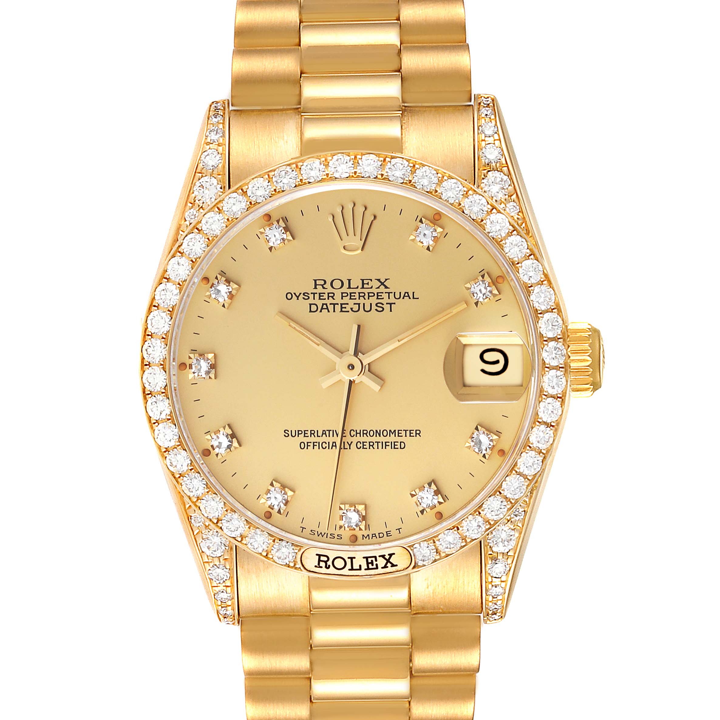 This is a front view of a Rolex President 68158 Women's Yellow Gold Champagne Dial 68158 Women's Yellow Gold Champagne Dial model watch, showcasing the dial, bezel, and bracelet.