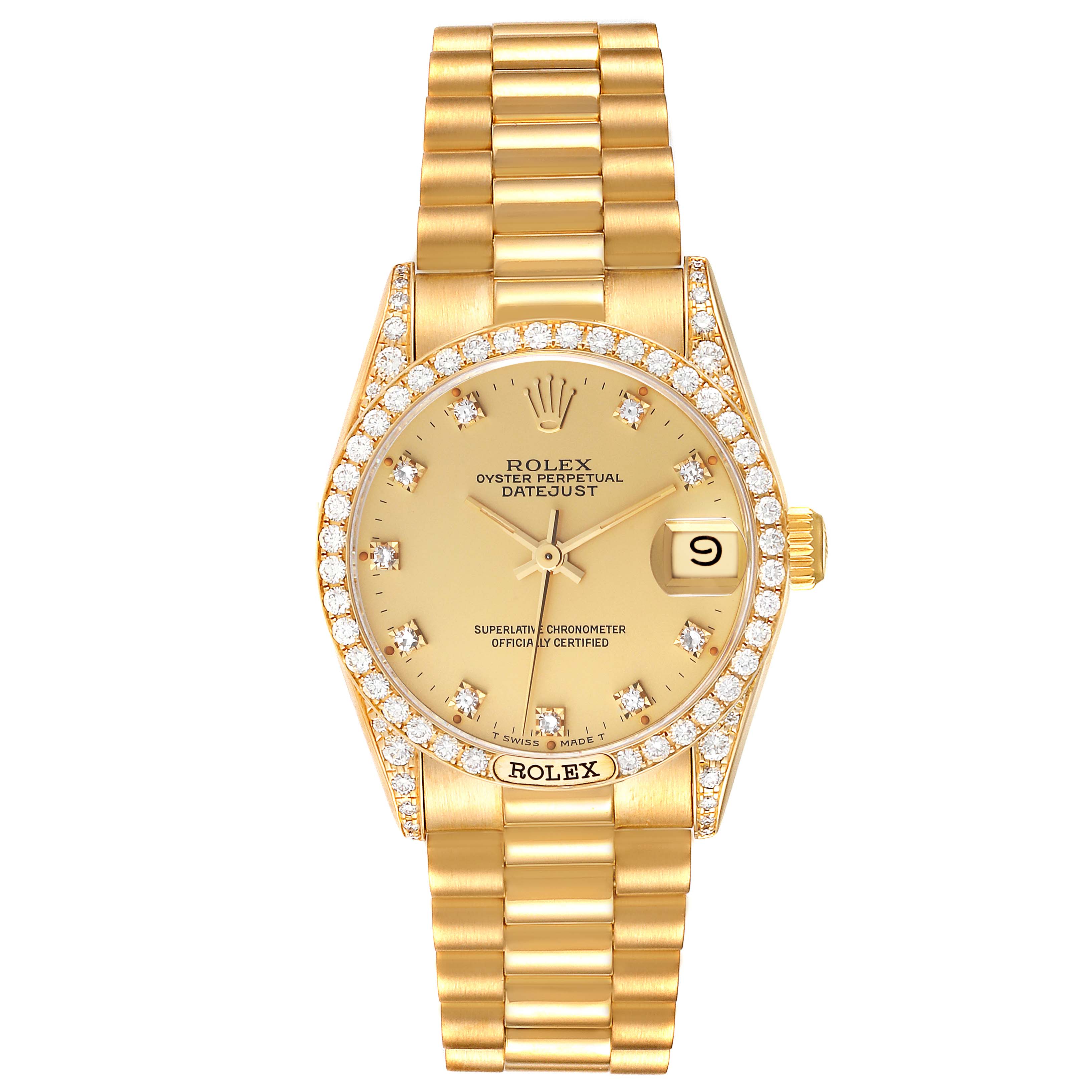 This image shows a front view of the Rolex President 68158 Women's Yellow Gold Champagne Dial 68158 Women's Yellow Gold Champagne Dial model, displaying the dial, bezel, and bracelet clearly.