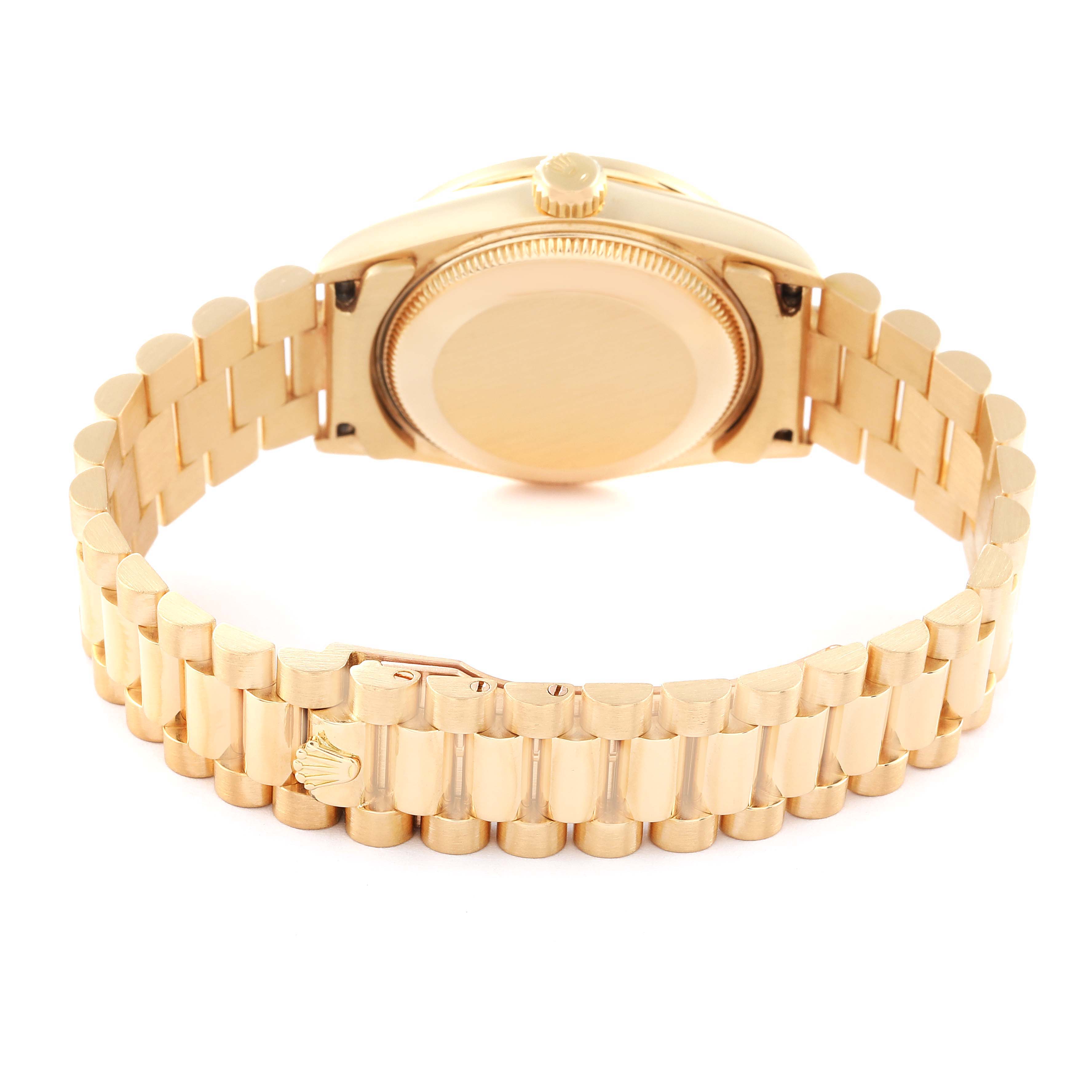 This image shows the back case and bracelet of a Rolex President 68158 Women's Yellow Gold Champagne Dial 68158 Women's Yellow Gold Champagne Dial model watch at a slightly angled view.