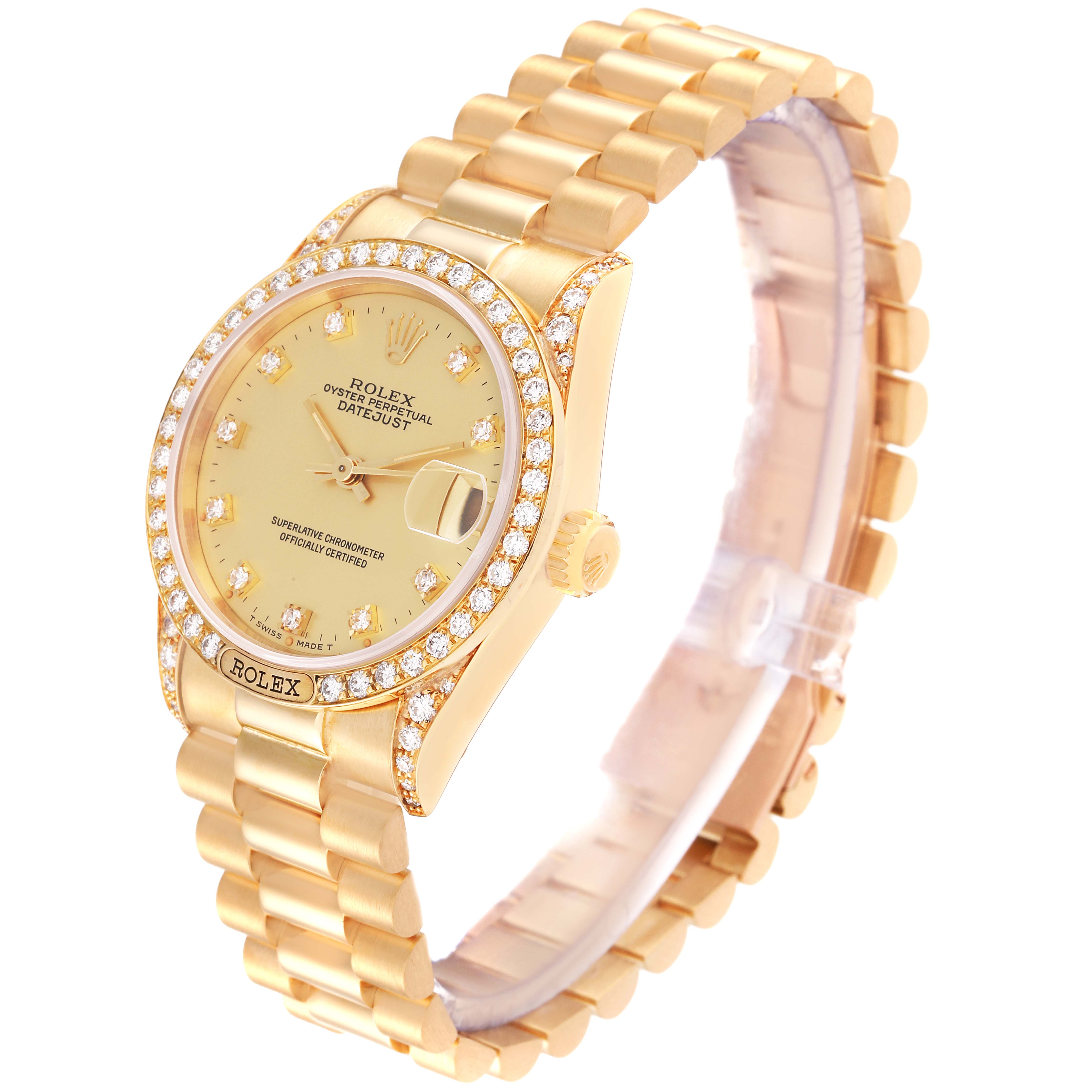 The Rolex President 68158 Women's Yellow Gold Champagne Dial 68158 Women's Yellow Gold Champagne Dial watch is shown at an angled view displaying the gold bracelet, diamond-studded bezel, and dial.