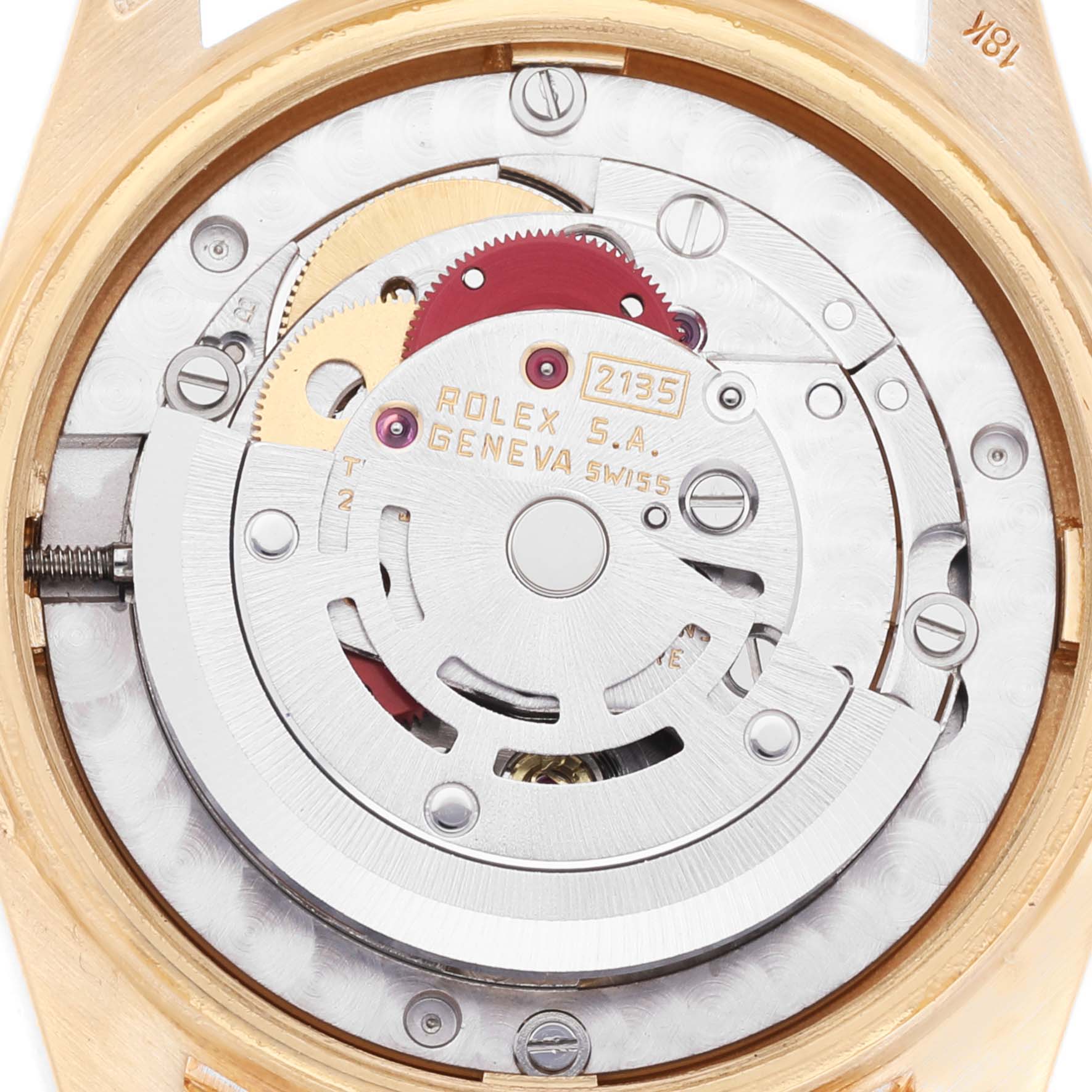 The image shows the internal movement mechanism of a Rolex President 68158 Women's Yellow Gold Champagne Dial 68158 Women's Yellow Gold Champagne Dial model watch from a rear angle.