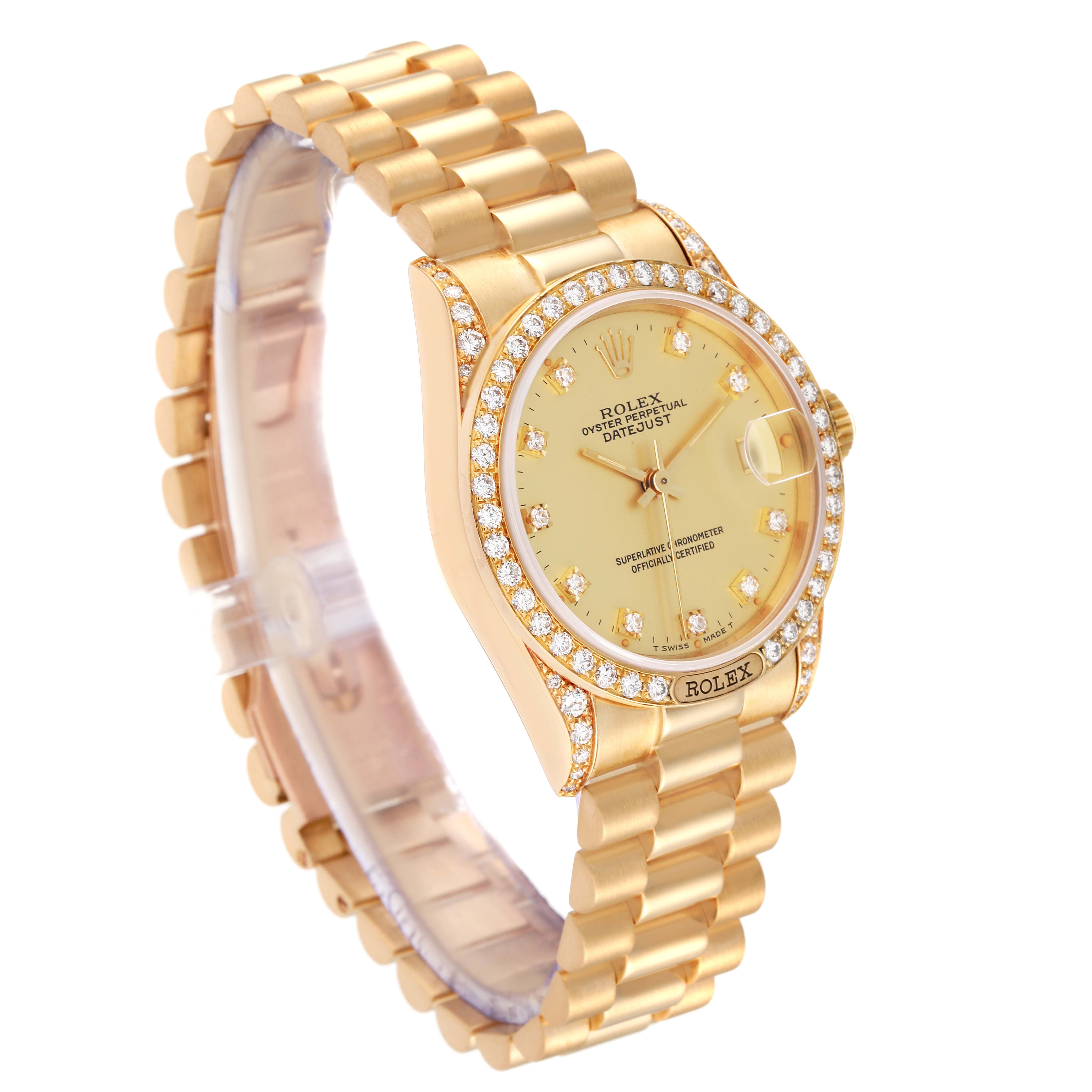The image shows a side-angle view of a Rolex President 68158 Women's Yellow Gold Champagne Dial 68158 Women's Yellow Gold Champagne Dial model watch, focusing on its gold band and diamond-studded bezel.