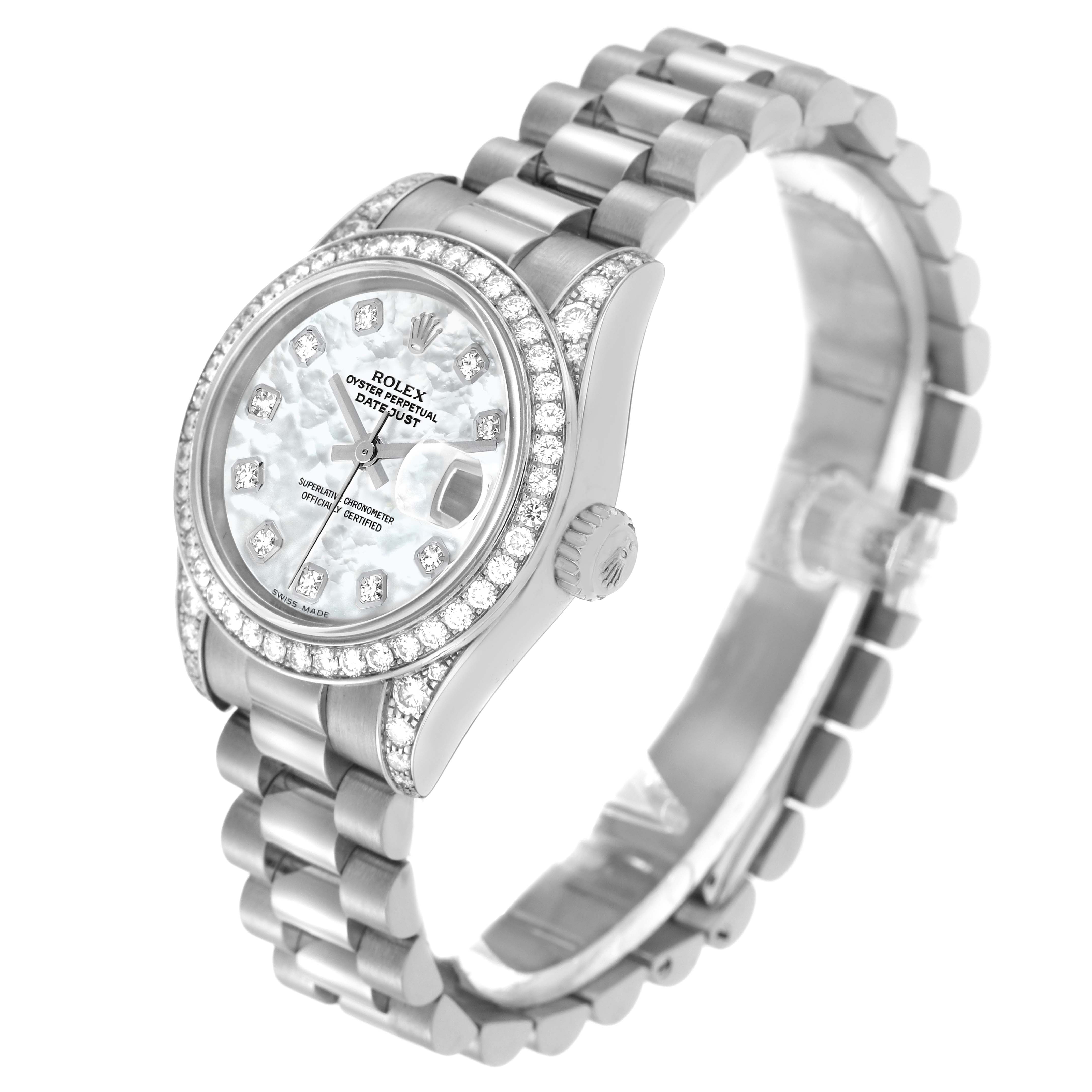 The image shows a Rolex President model 179159 from an angled side view, highlighting its bezel, dial, crown, and bracelet.