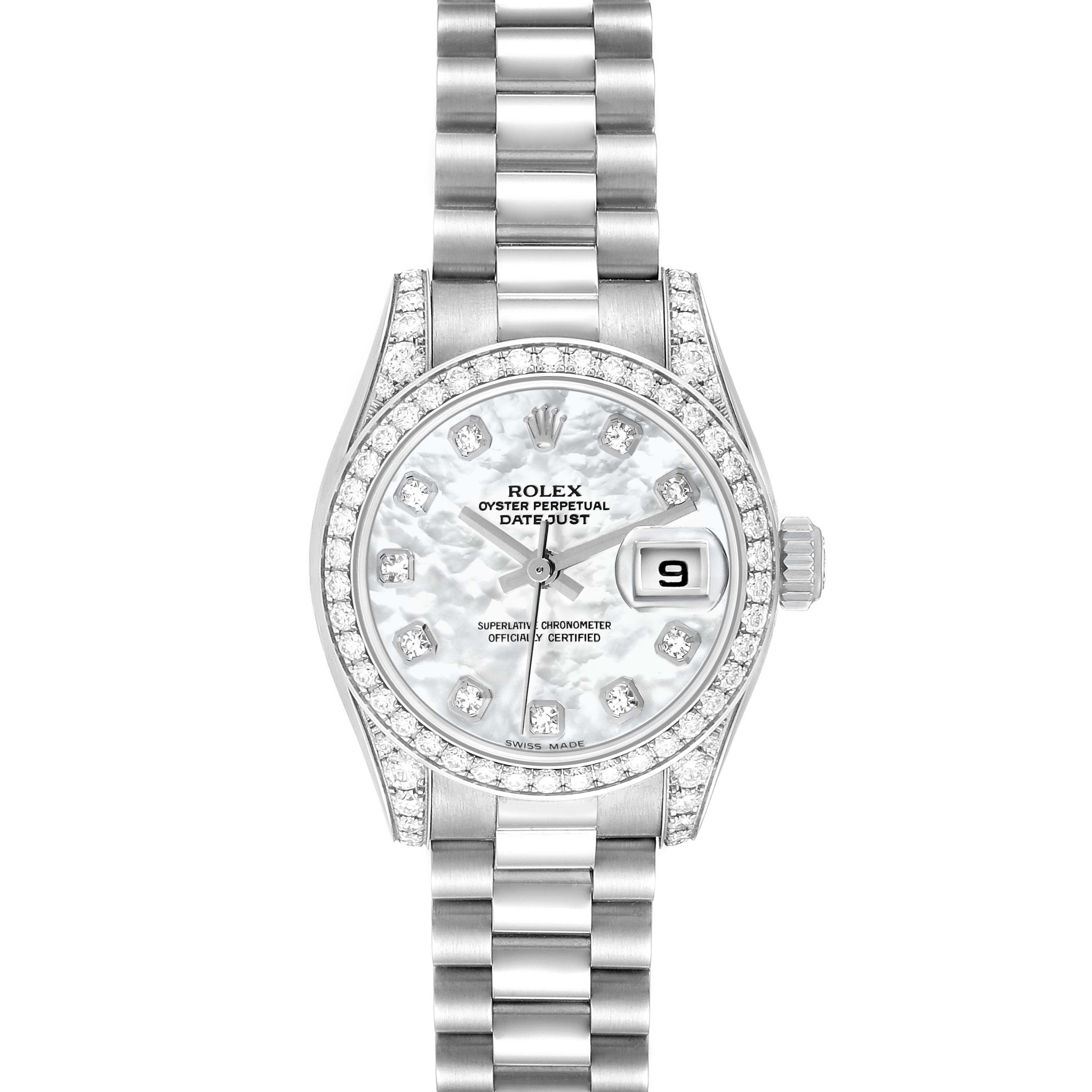 The Rolex President model 179159 men
s watch is shown from a top-down angle, highlighting its bracelet, diamond-set bezel, and dial with date indication.