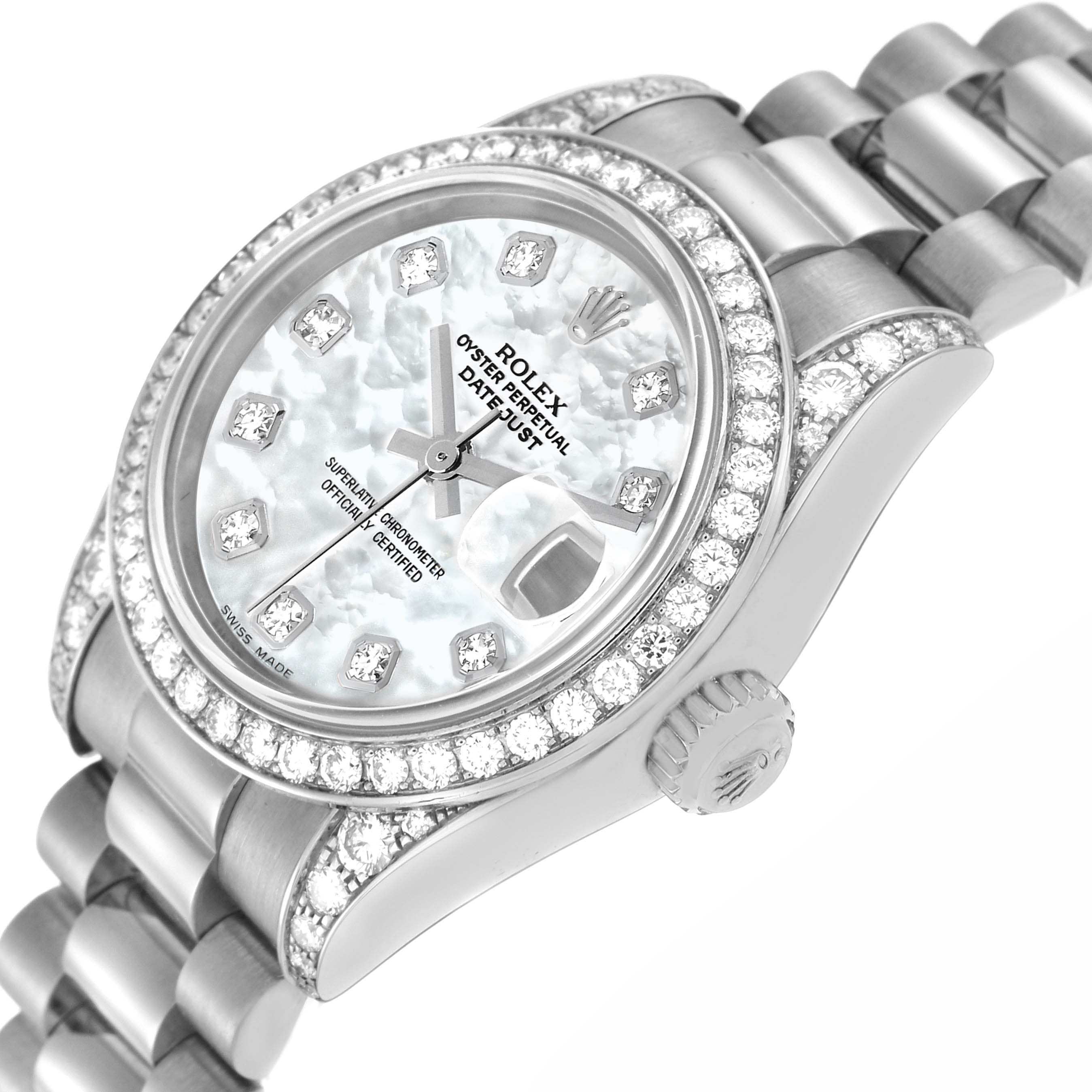 The Rolex President model 179159 is shown at an angled close-up, highlighting its diamond bezel, dial, and part of the bracelet.