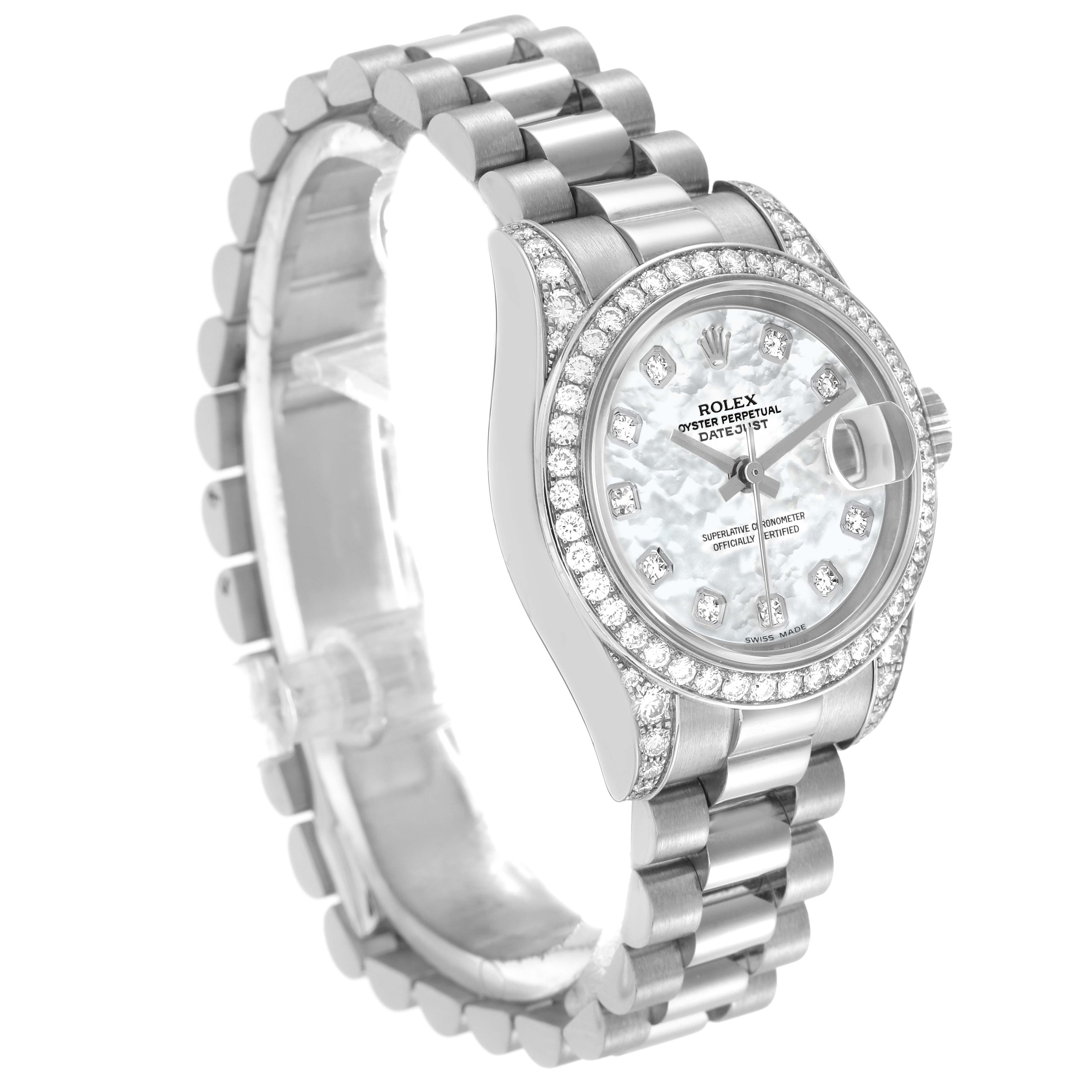 The Rolex President model 179159 is shown at a three-quarter angle, displaying the dial, diamond bezel, and bracelet with clarity.