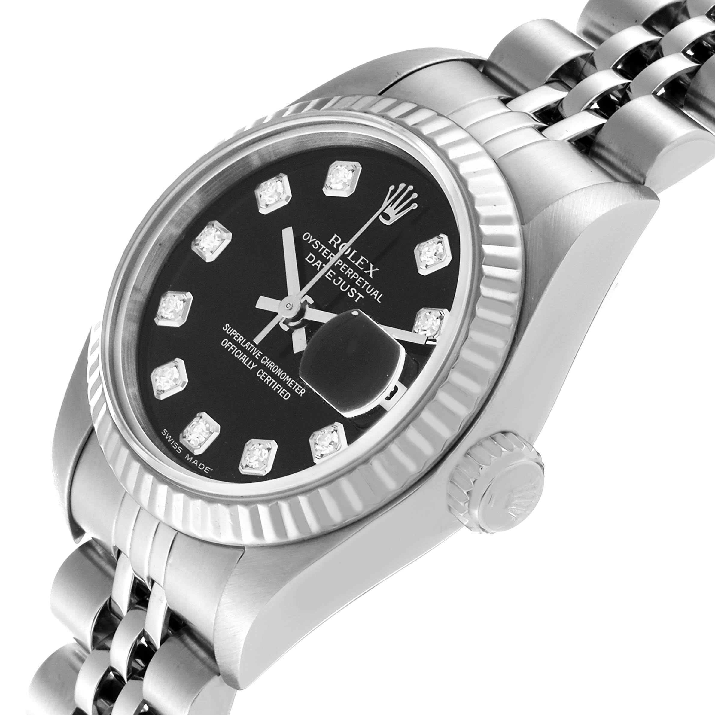 This image shows a close-up angle of a Rolex Datejust 79174 Women's Stainless Steel Black Dial 79174 Women's Stainless Steel Black Dial watch, highlighting the black dial, diamond hour markers, fluted bezel, and Jubilee bracelet.