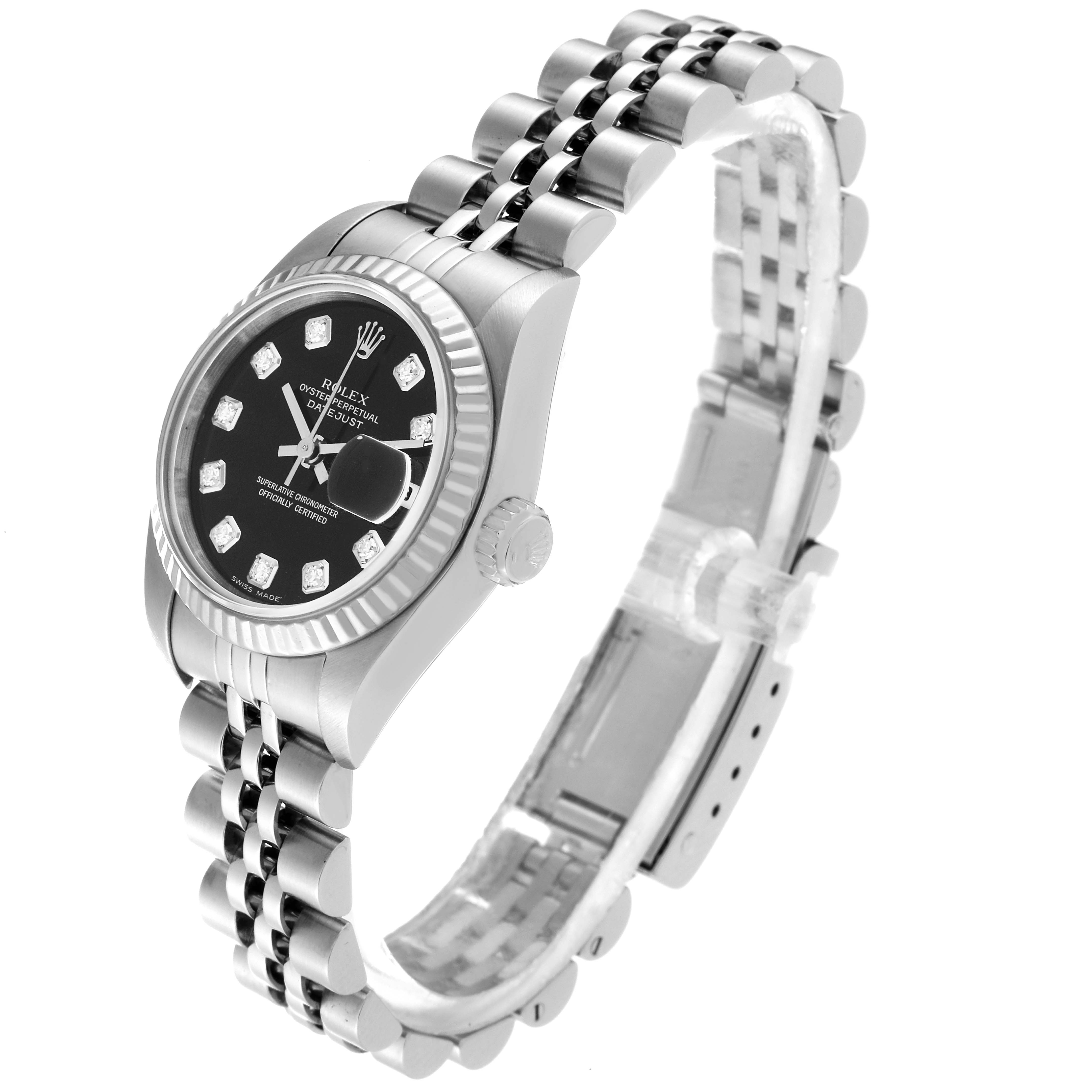 The image shows a side angle view of a Rolex Datejust 79174 Women's Stainless Steel Black Dial 79174 Women's Stainless Steel Black Dial watch, highlighting the black dial, bezel, crown, and bracelet.