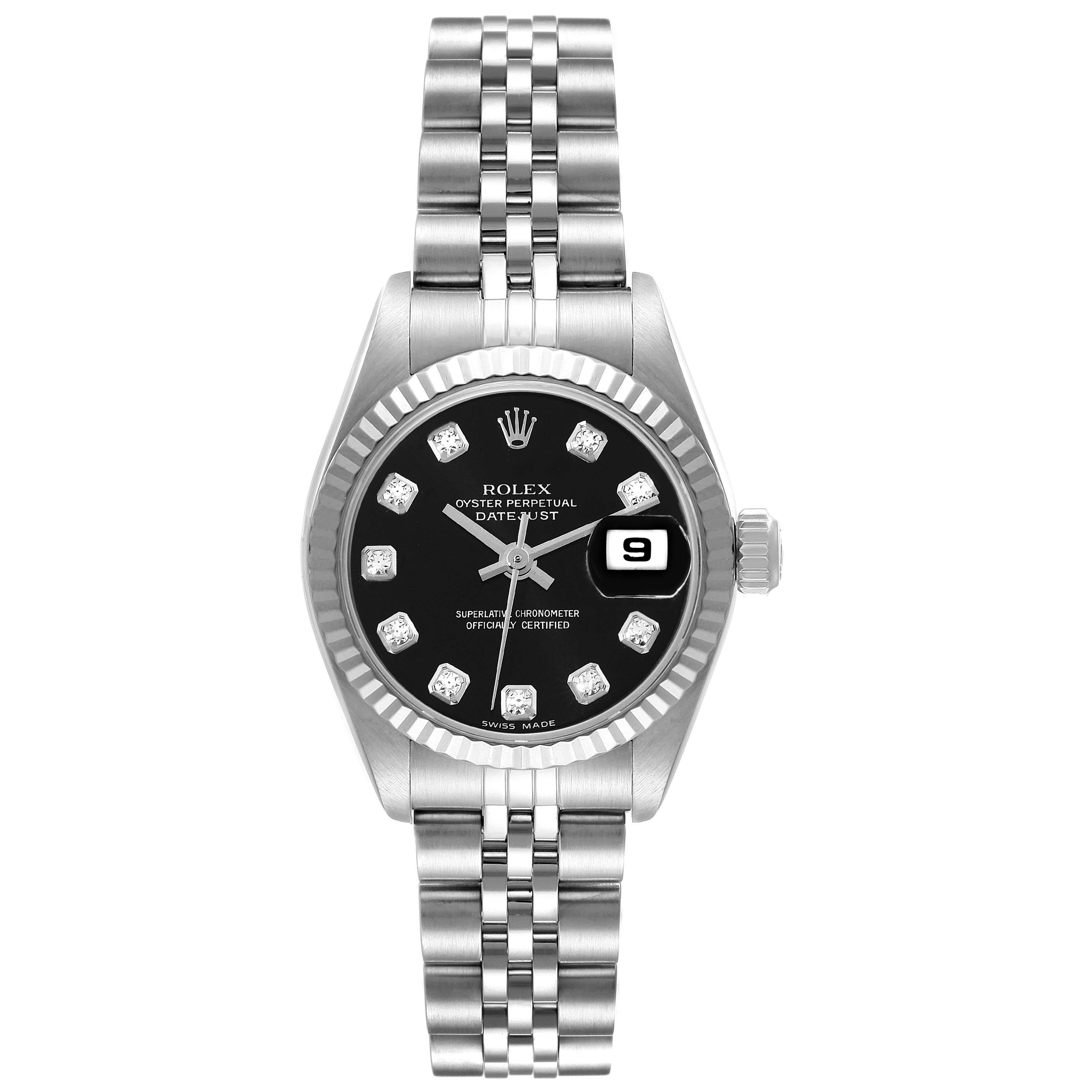 The image shows a front view of the Rolex Datejust 79174 Women's Stainless Steel Black Dial 79174 Women's Stainless Steel Black Dial watch, featuring its bracelet, bezel, dial, and date display.