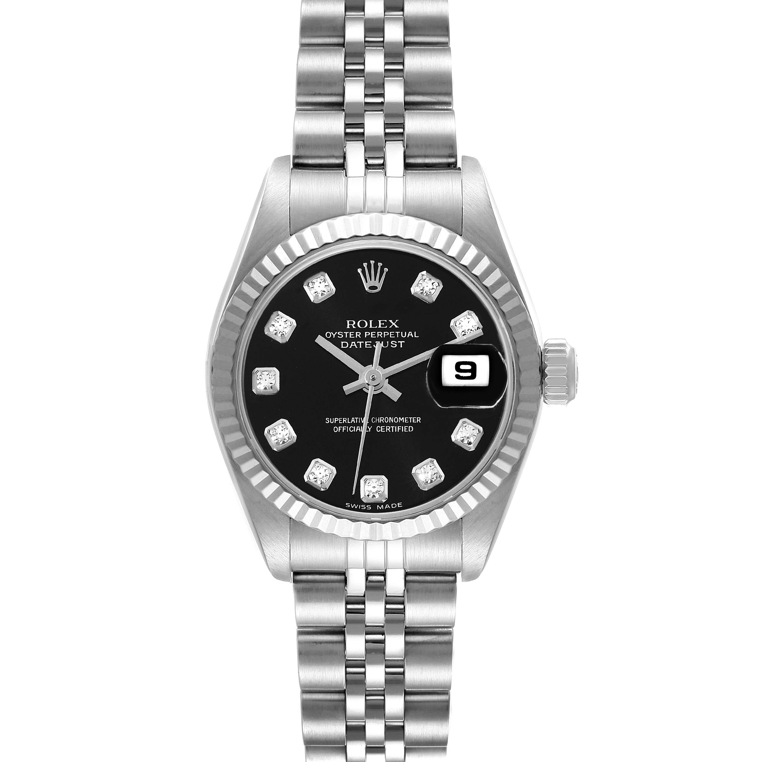 This image showcases a Rolex Datejust 79174 Women's Stainless Steel Black Dial 79174 Women's Stainless Steel Black Dial watch from a top-down angle, emphasizing the face, bezel, and bracelet.