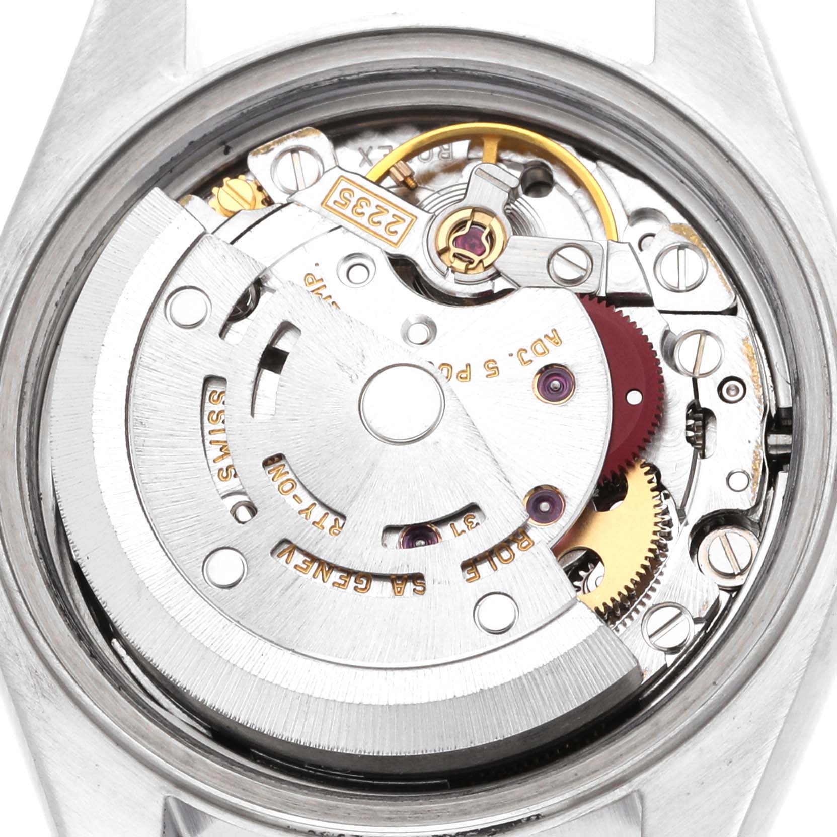 This image shows the internal movement mechanism of a Rolex Datejust 79174 Women's Stainless Steel Black Dial 79174 Women's Stainless Steel Black Dial watch from a top-down angle.