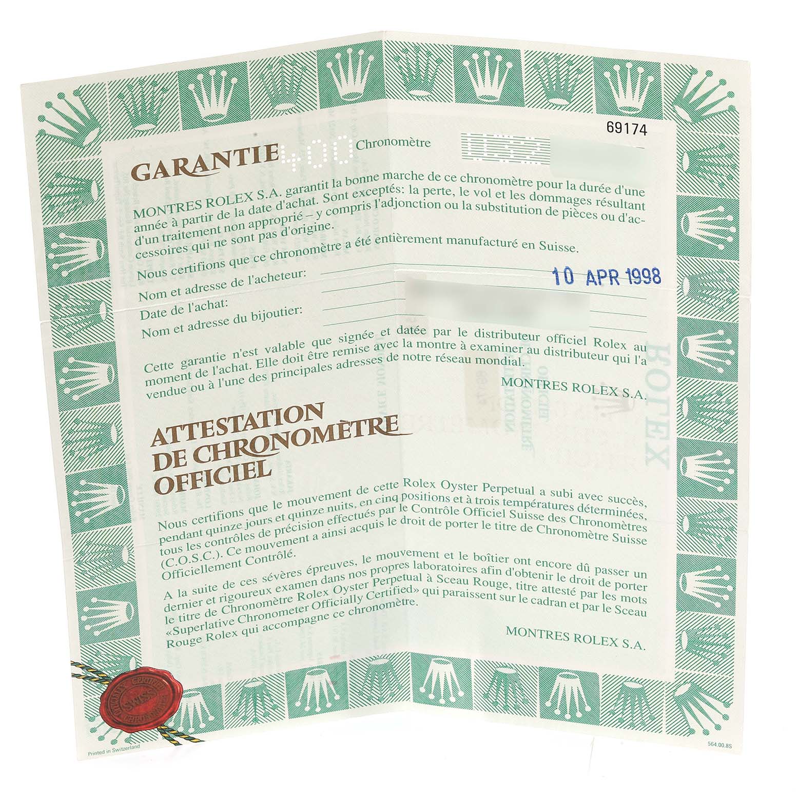 The image shows an open warranty certificate for a Rolex Datejust 69174 Women's Stainless Steel Pink Dial 69174 Women's Stainless Steel Pink Dial, featuring the brand's logos and text details.