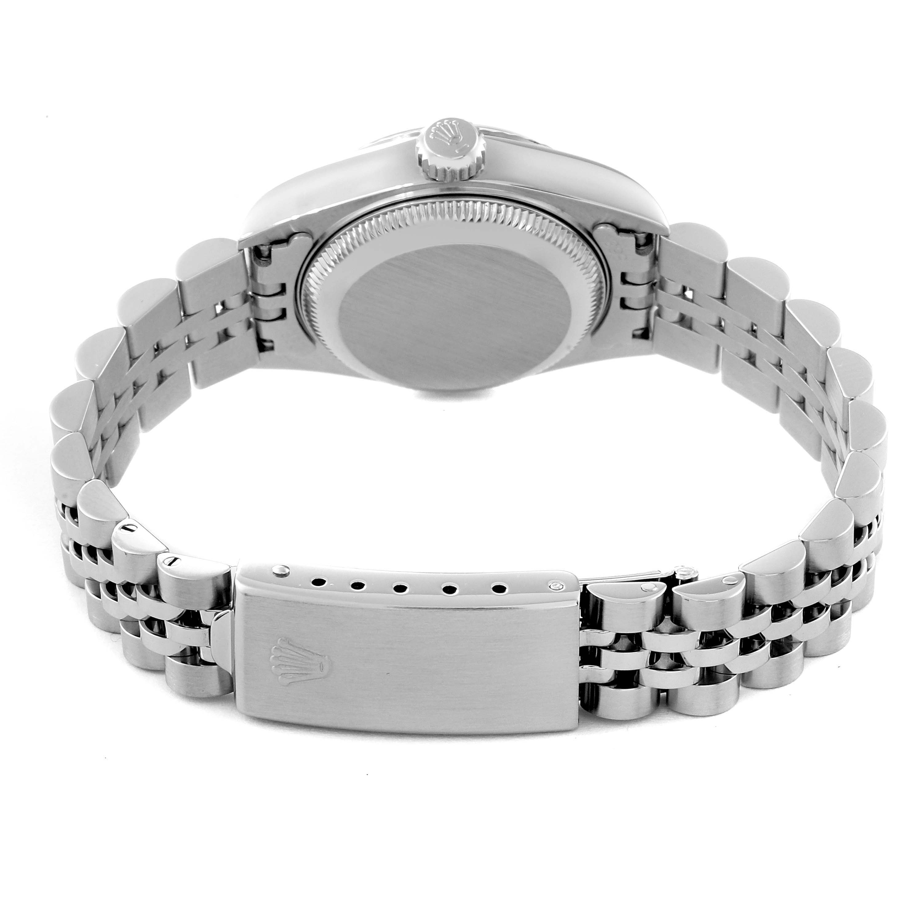 This image shows the back view of a Rolex Datejust 69174 Women's Stainless Steel Pink Dial 69174 Women's Stainless Steel Pink Dial model featuring the case back and the bracelet with the clasp.